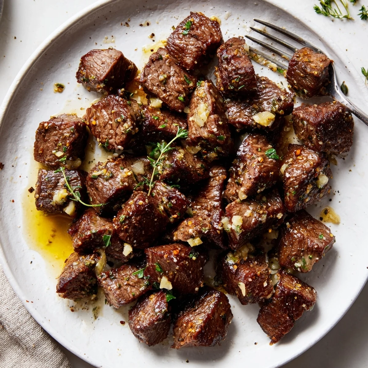 Pan-seared Garlic Butter Steak Bites with browned crust and garlicky buttery aroma