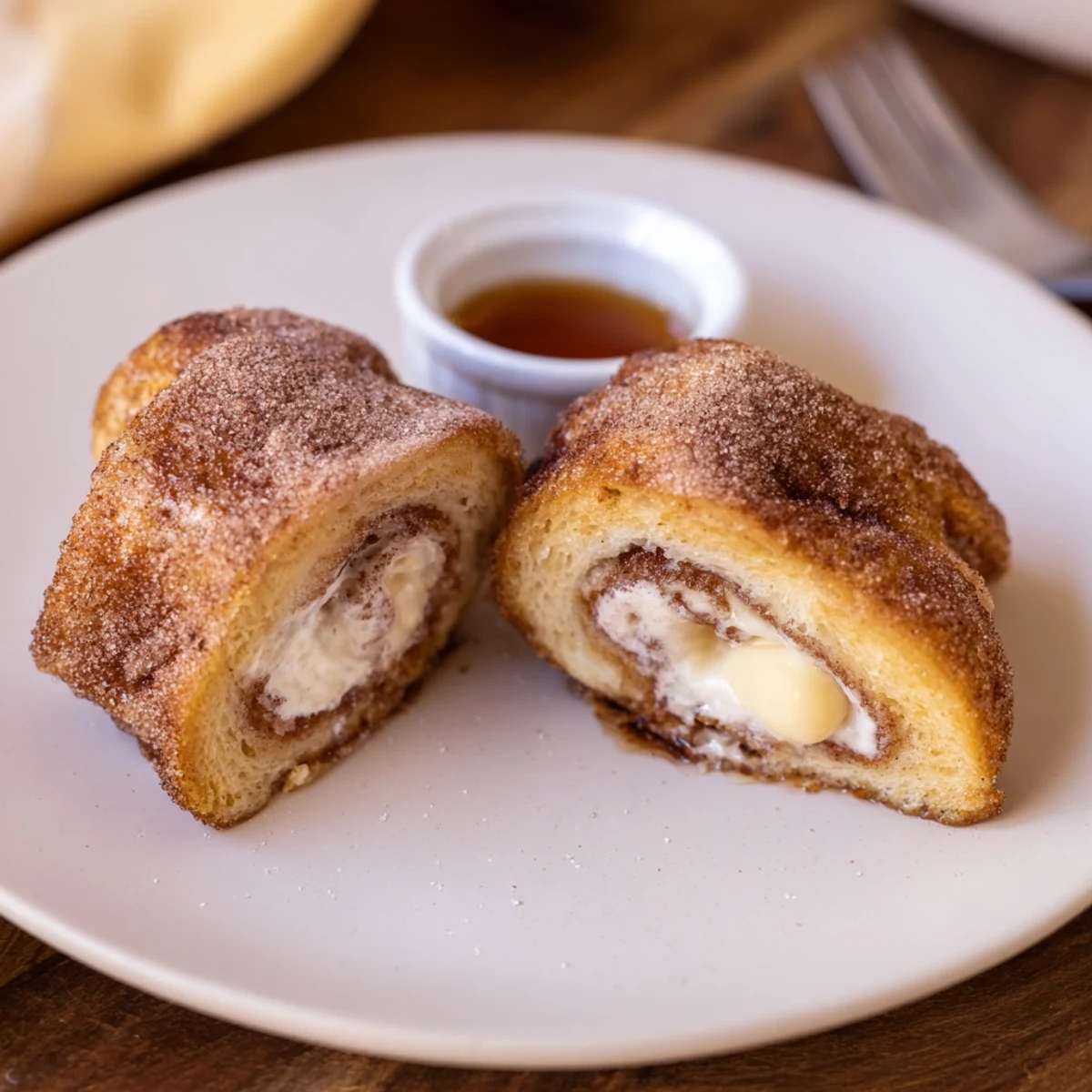 Buttery skillet fried Cinnamon Roll French Toast Roll Ups served with maple syrup