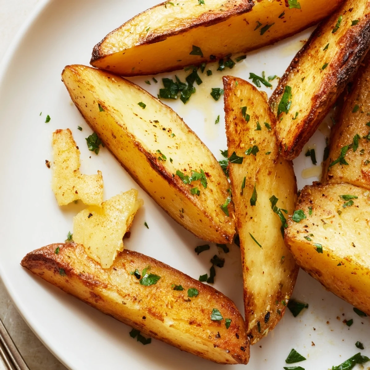 Crispy oven-baked Potato Wedges with golden edges and fluffy interior, parsley.
