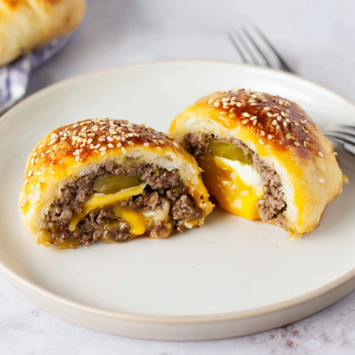 Golden baked Cheesy Cheeseburger Bombs Explosion Recipe steaming, oozing melted cheddar