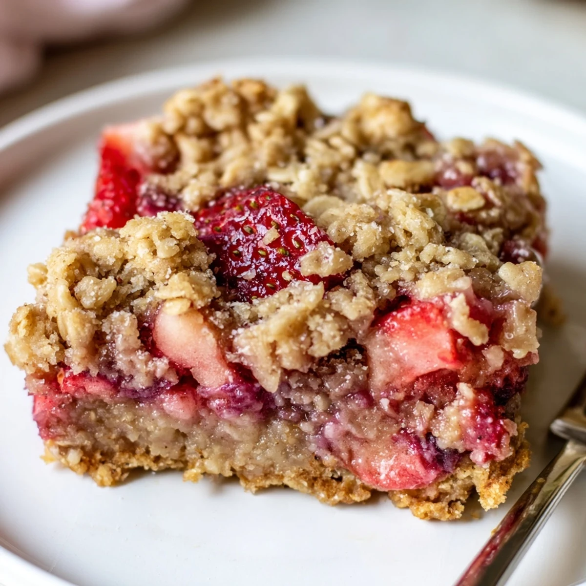 Strawberry Oatmeal Crumble Bars warm from oven, golden crumble and juicy filling