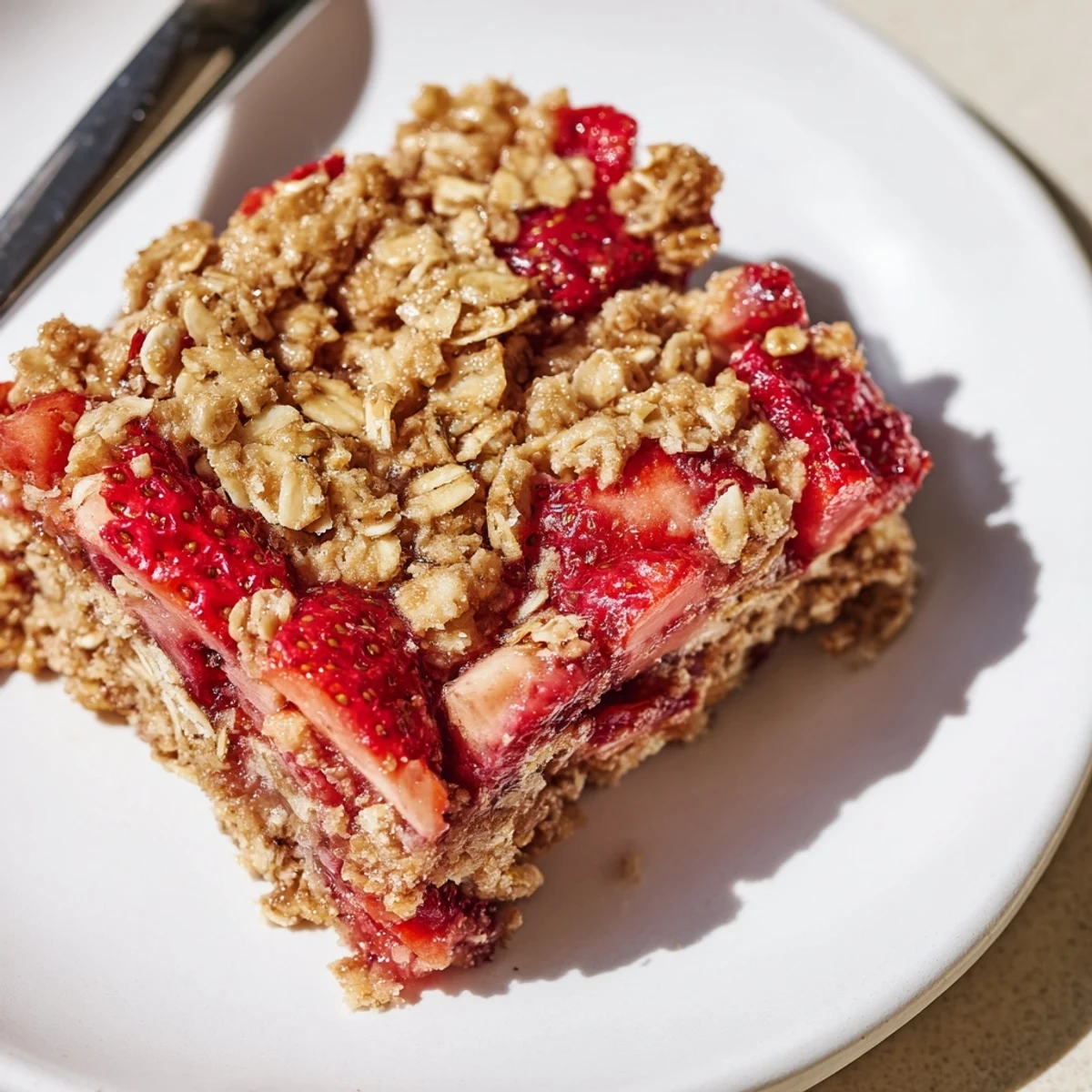 Close-up of Strawberry Oatmeal Crumble Bars served with melting vanilla ice cream
