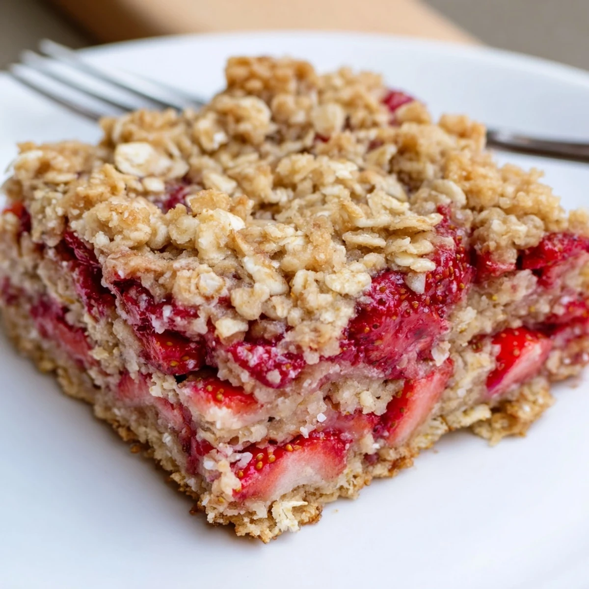 Hand holding a rustic tray of Strawberry Oatmeal Crumble Bars, steaming slightly