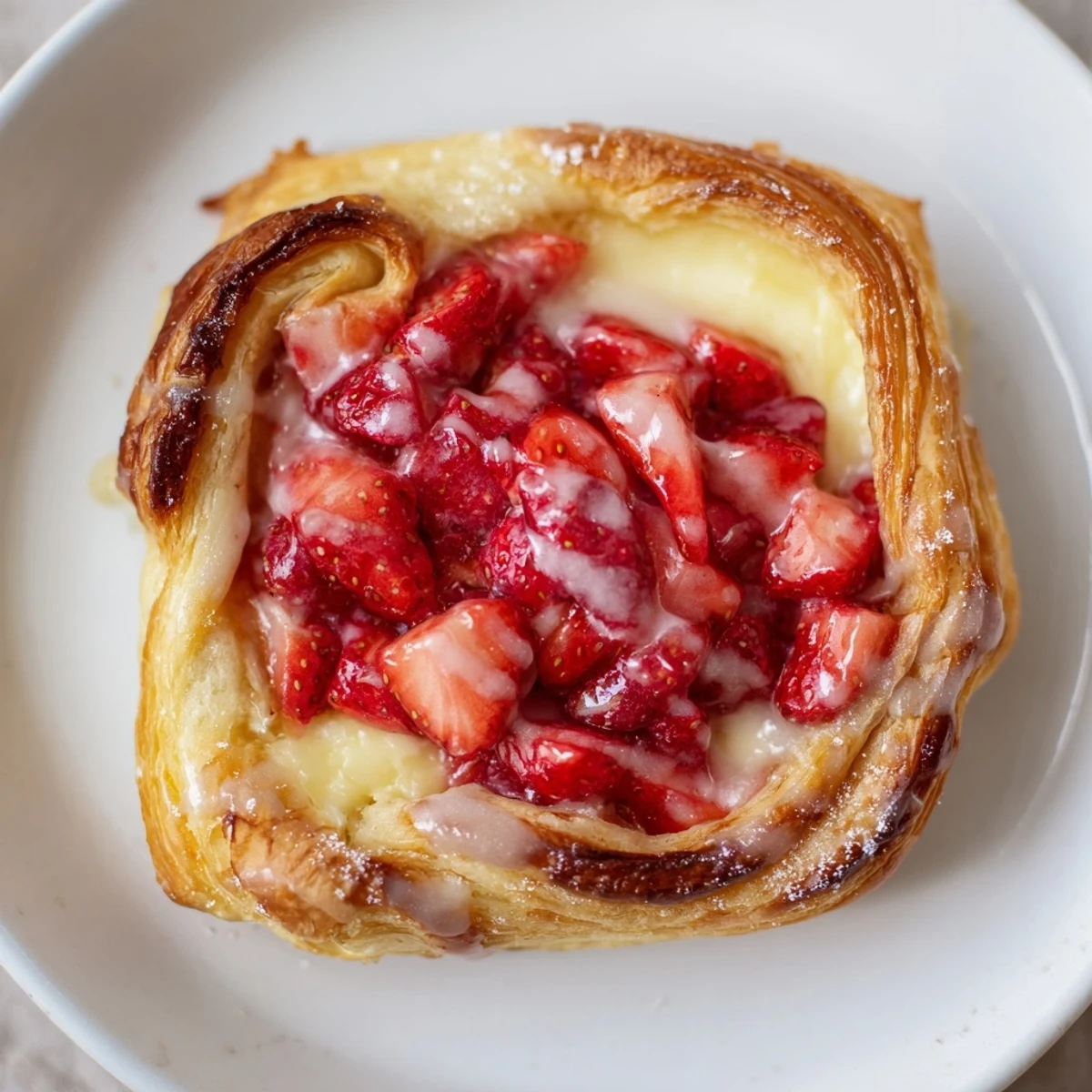 Golden, flaky Strawberry Danish recipe topped with glazed strawberries, cooling on rack