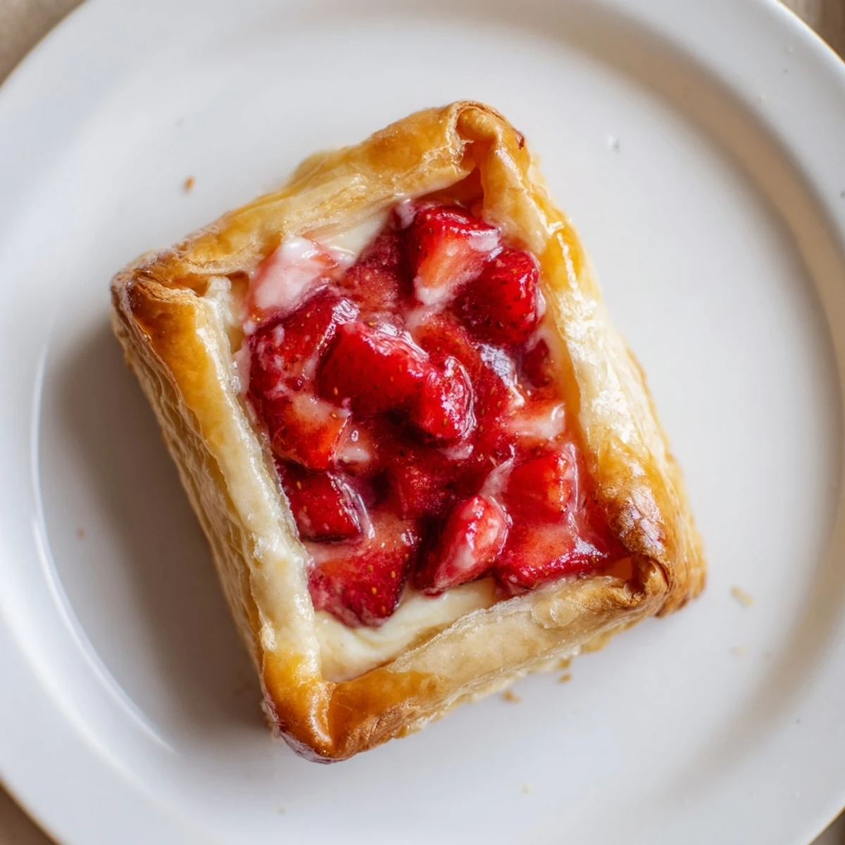 Close up of puffed Strawberry Danish recipe showing buttery layers and juicy strawberries