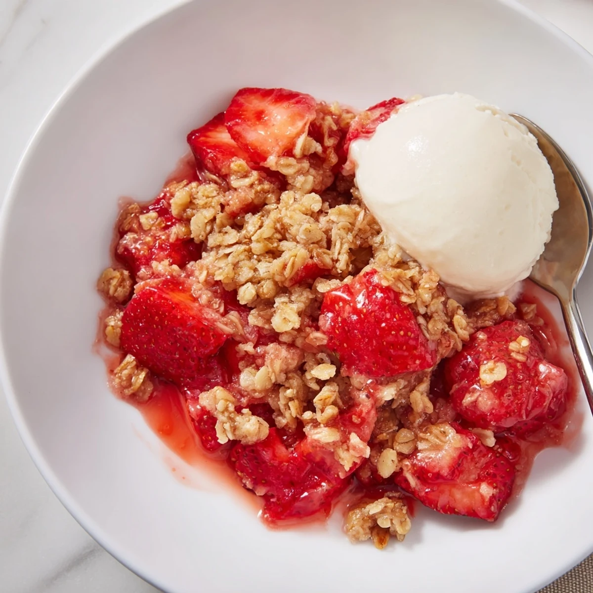 Fresh Strawberry Crisp Recipe showing bubbling strawberries beneath golden oat topping.