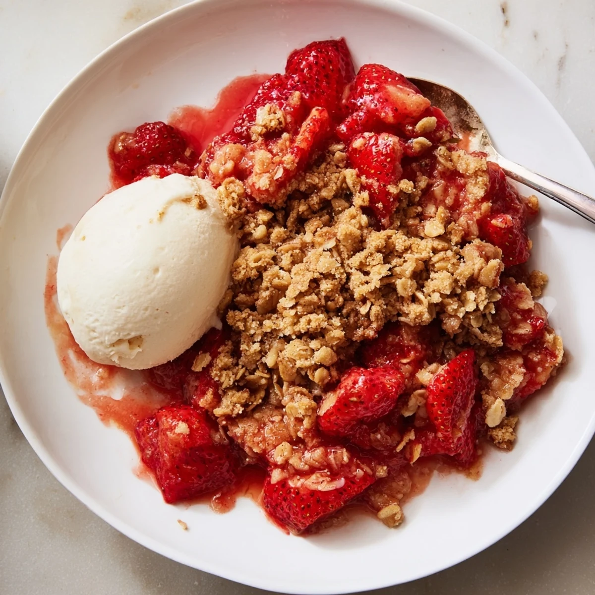 Warm Fresh Strawberry Crisp Recipe served with a melting scoop of vanilla ice cream.