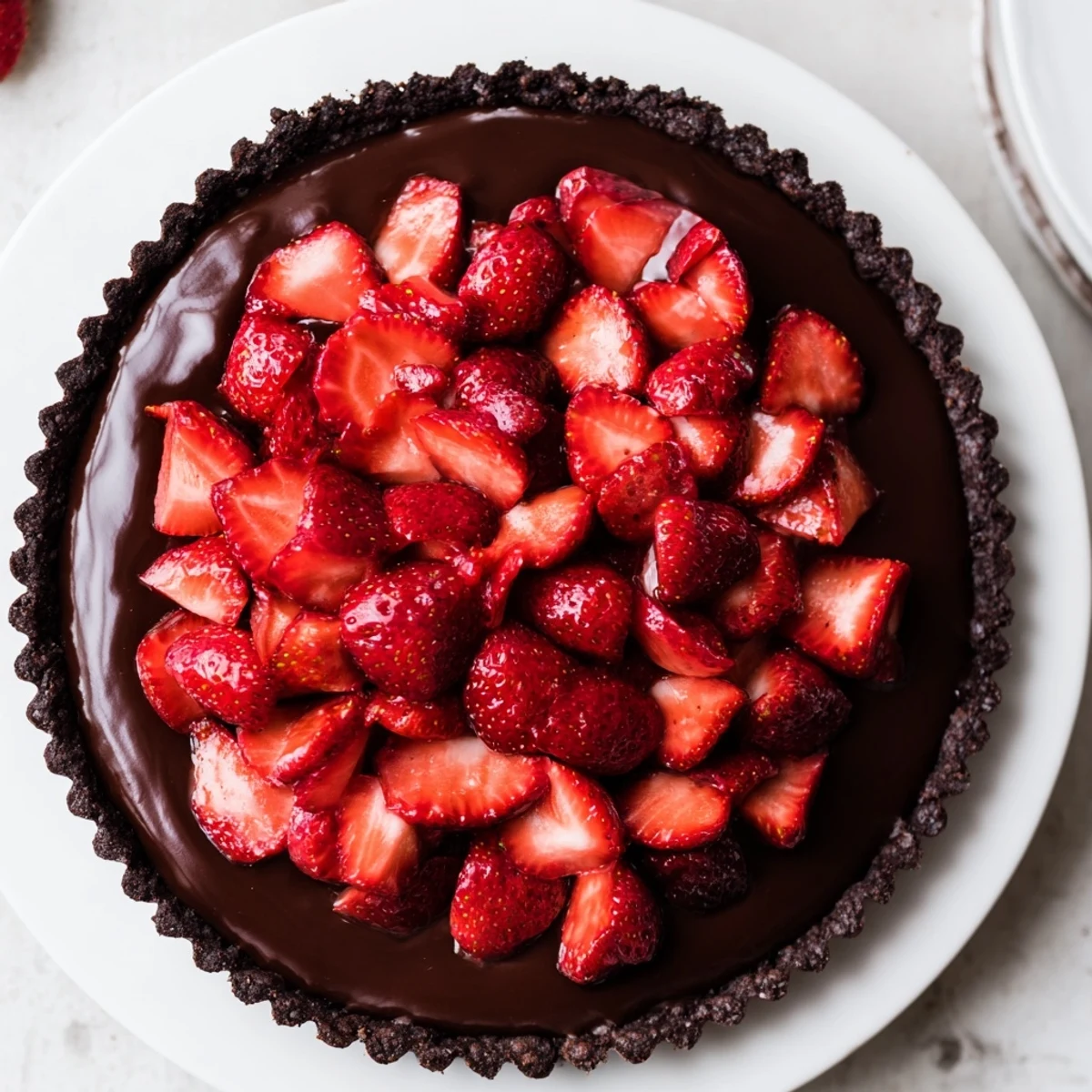 Rich Dark Chocolate Strawberry Tart Recipe with glossy strawberries atop silky ganache