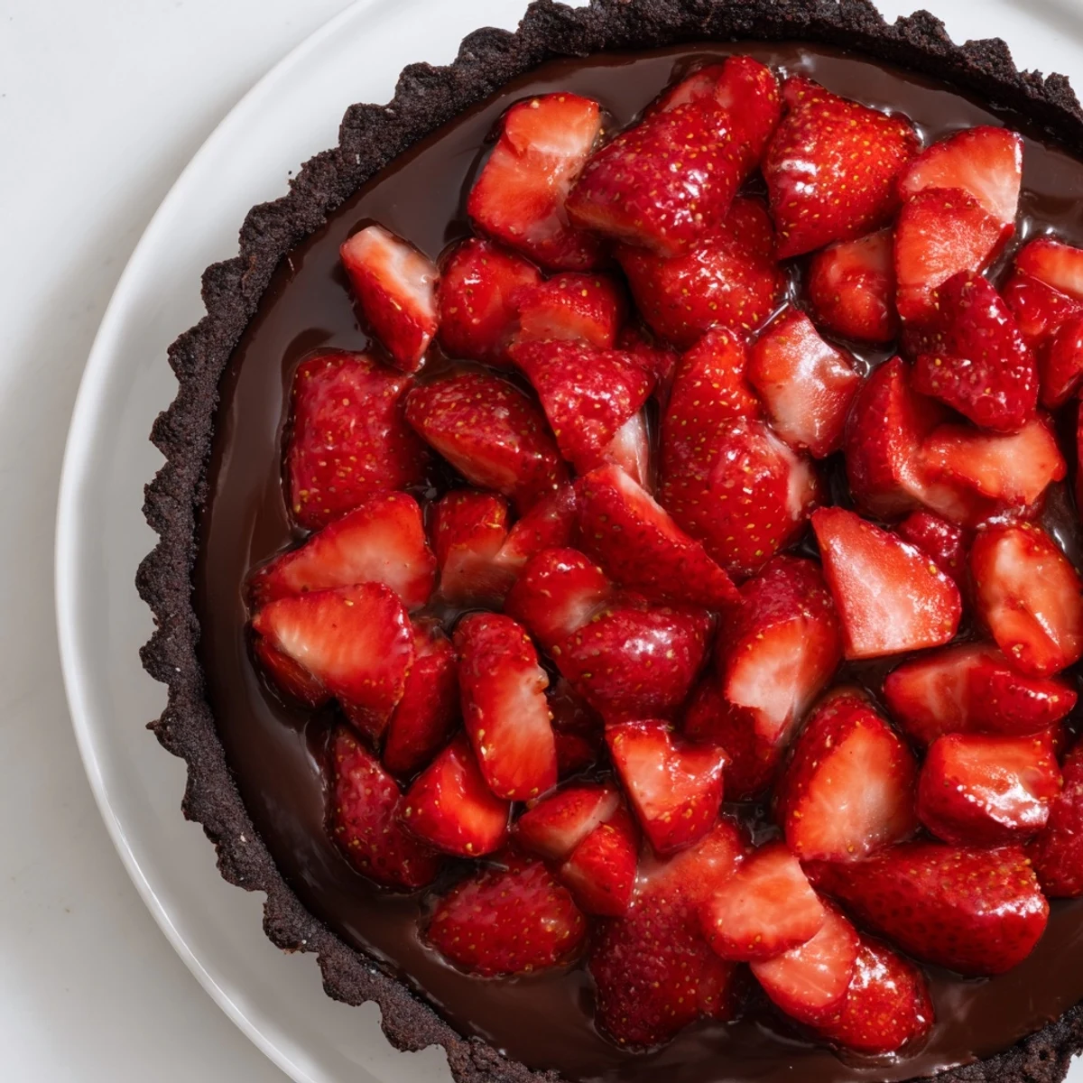 Serve chilled Dark Chocolate Strawberry Tart Recipe garnished with toasted almonds and rosé