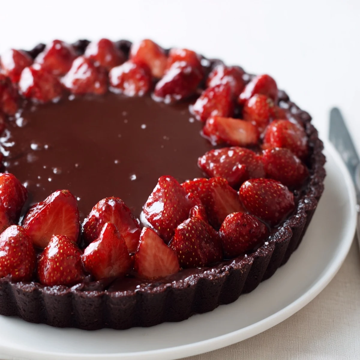 Close-up of sliced Dark Chocolate Strawberry Tart Recipe showing crisp chocolate crust