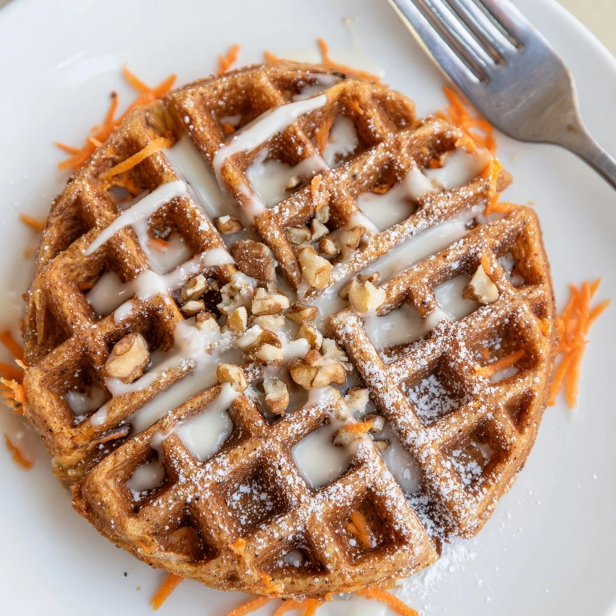 Carrot Cake Waffles stacked, golden-crisp edges, warm spice aroma, maple drizzle.