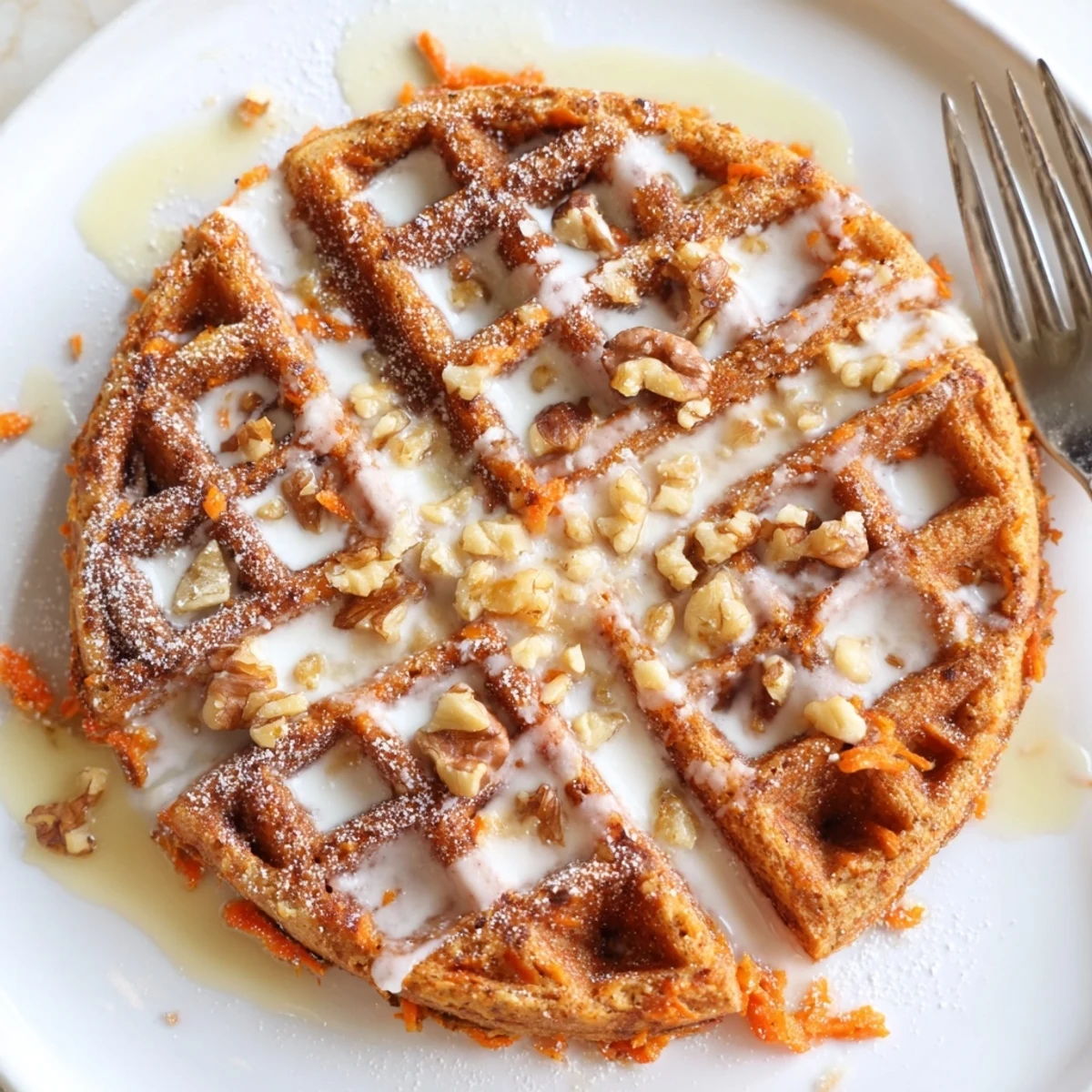Warm Carrot Cake Waffles served with cream cheese glaze and chopped walnuts.