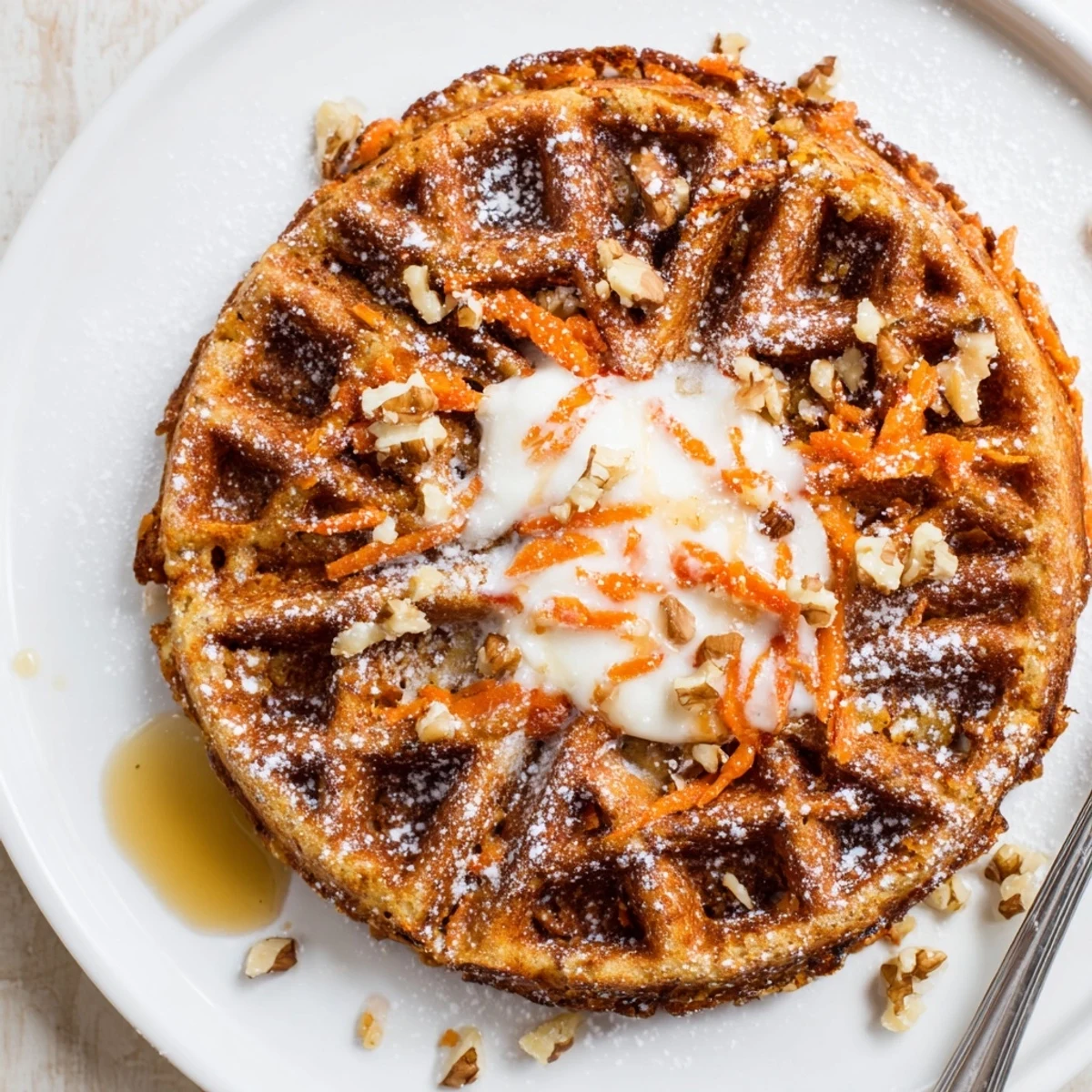 Freshly made Carrot Cake Waffles coming off waffle iron, tender, carrot flecks visible.