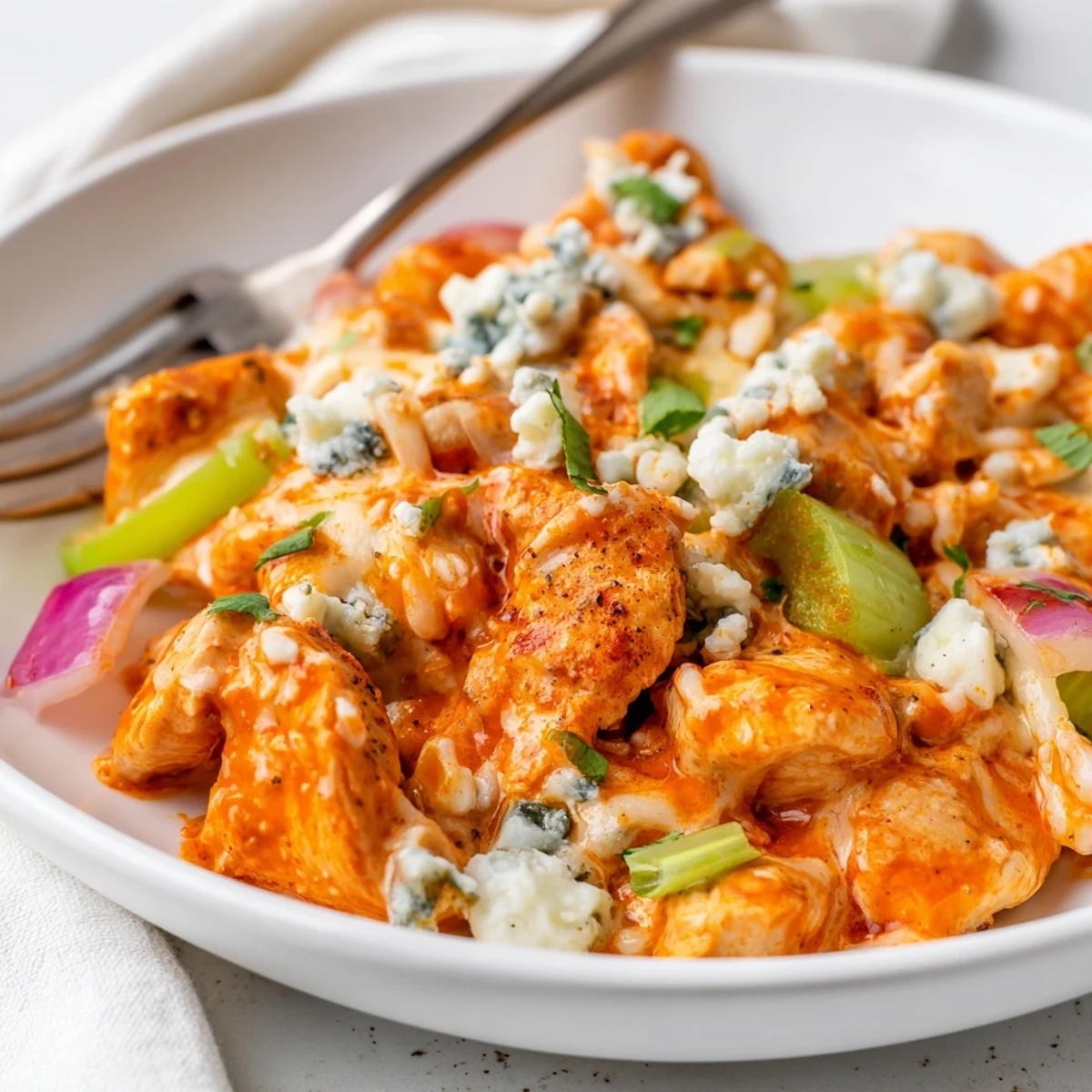 Keto Buffalo Chicken Skillet sizzling in a pan with creamy sauce and melted cheese