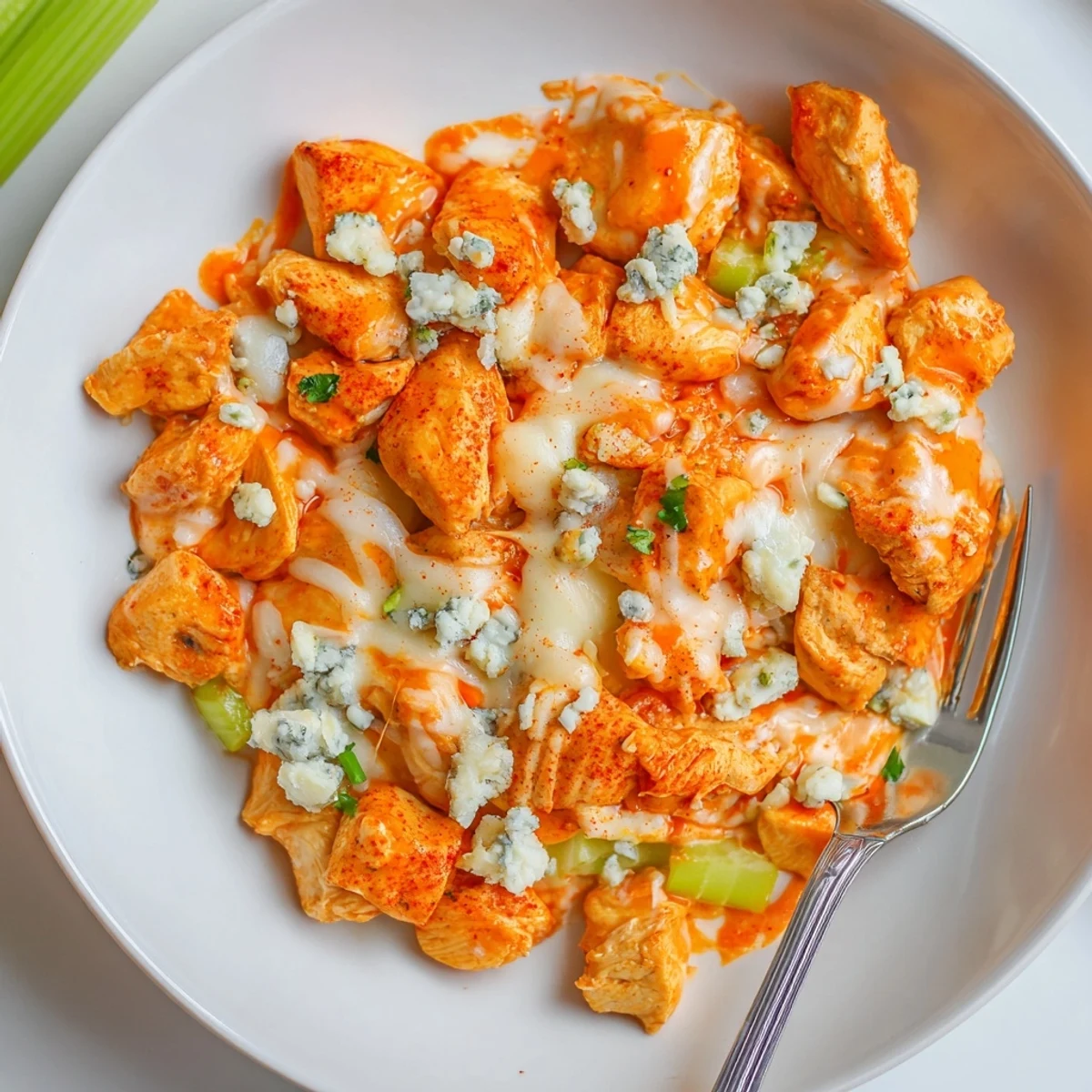 Keto Buffalo Chicken Skillet topped with crumbled blue cheese, served over cauliflower rice