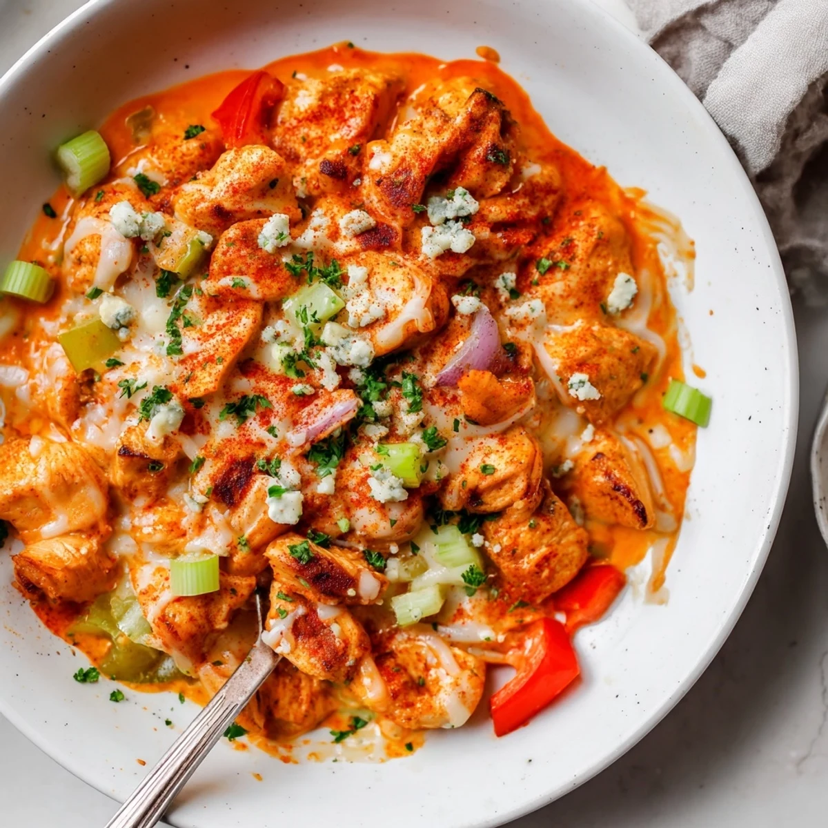 Keto Buffalo Chicken Skillet vibrant red peppers and celery nestled in spicy, buttery sauce