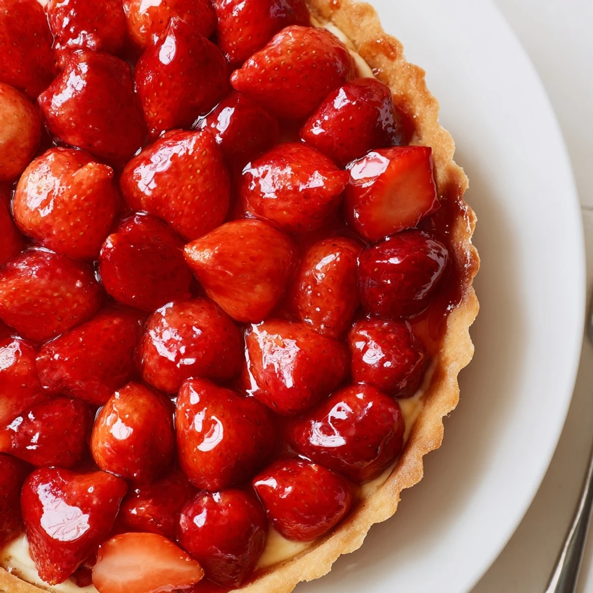 Sliced Tarte aux Fraises arranged on golden tart shell, fragrant vanilla aroma