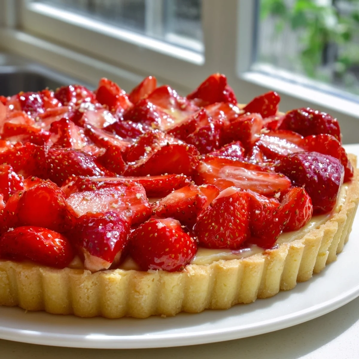 Tarte aux Fraises topped with glossy strawberries over creamy custard, chilled