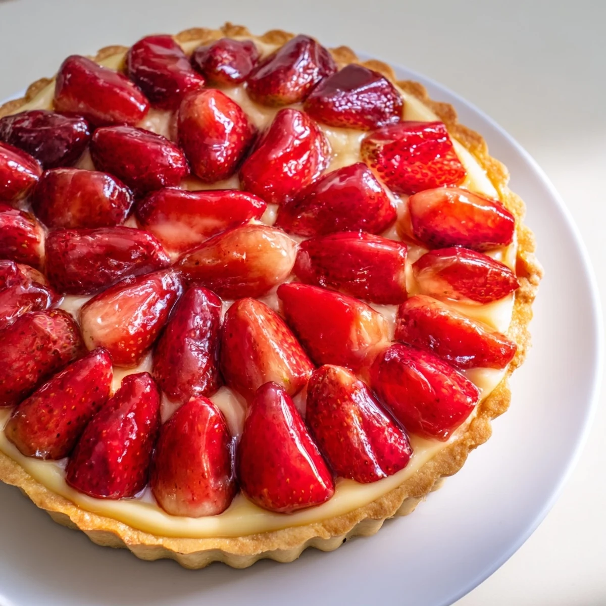 Homemade Tarte aux Fraises served with a fork, bright summer berry sweetness