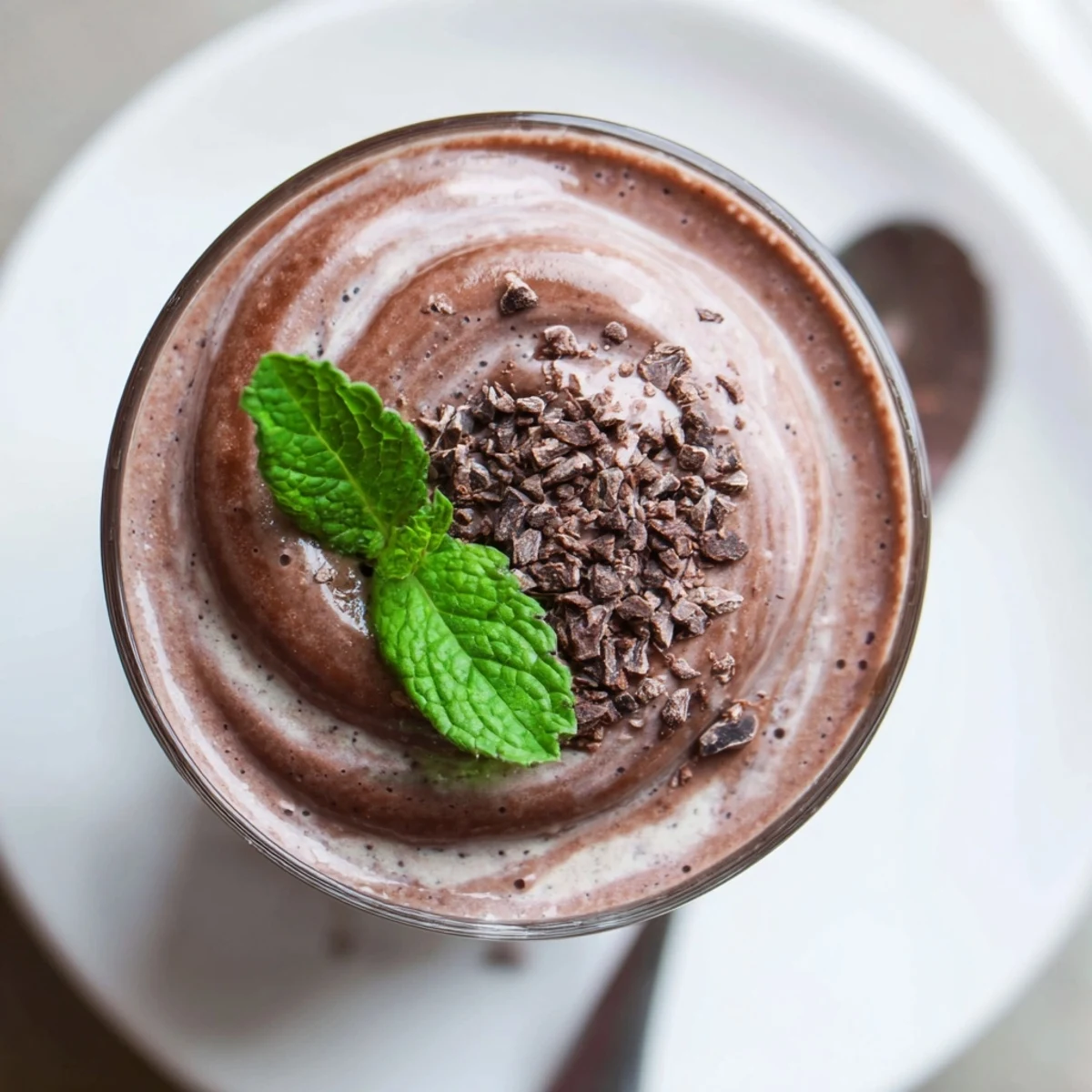 Velvety Chocolate Beet Smoothie with mint leaves and cacao nibs, ready to serve