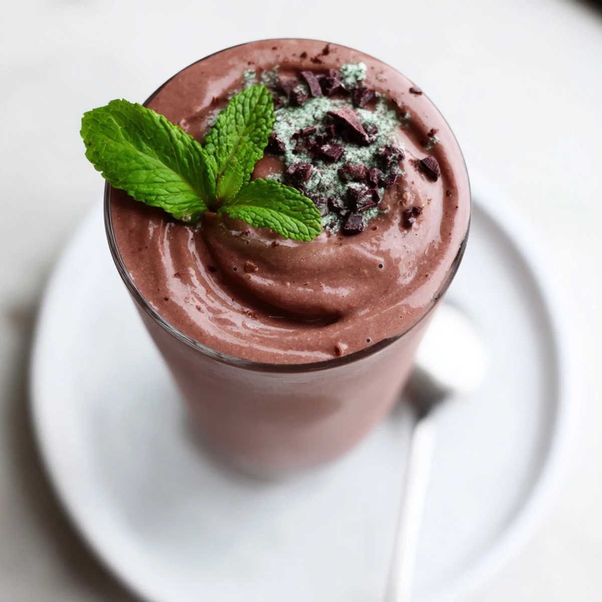 Creamy Chocolate Beet Smoothie poured into glasses, garnished with chocolate shavings