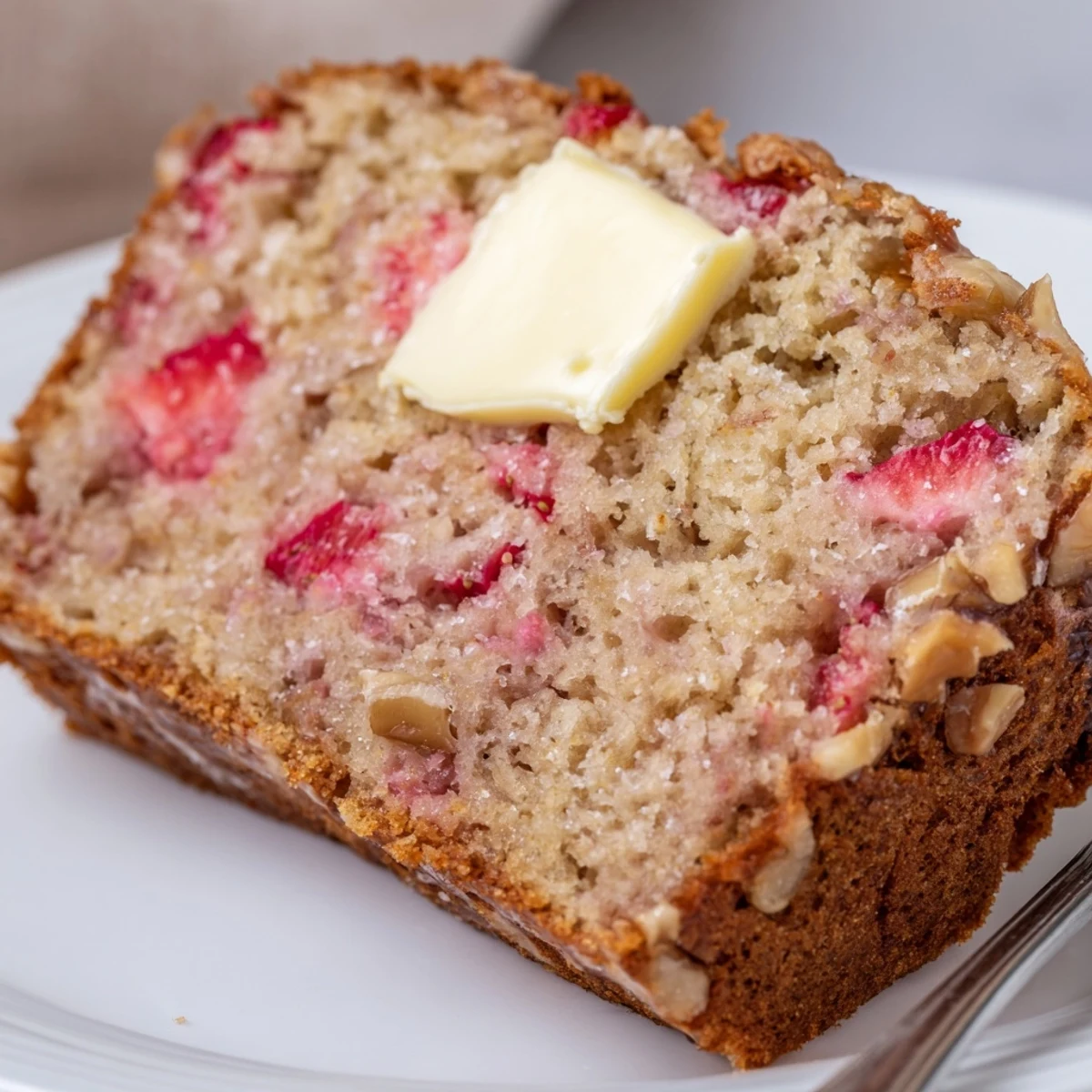 Strawberry Banana Bread Recipe showing warm loaf sliced, strawberries and butter.