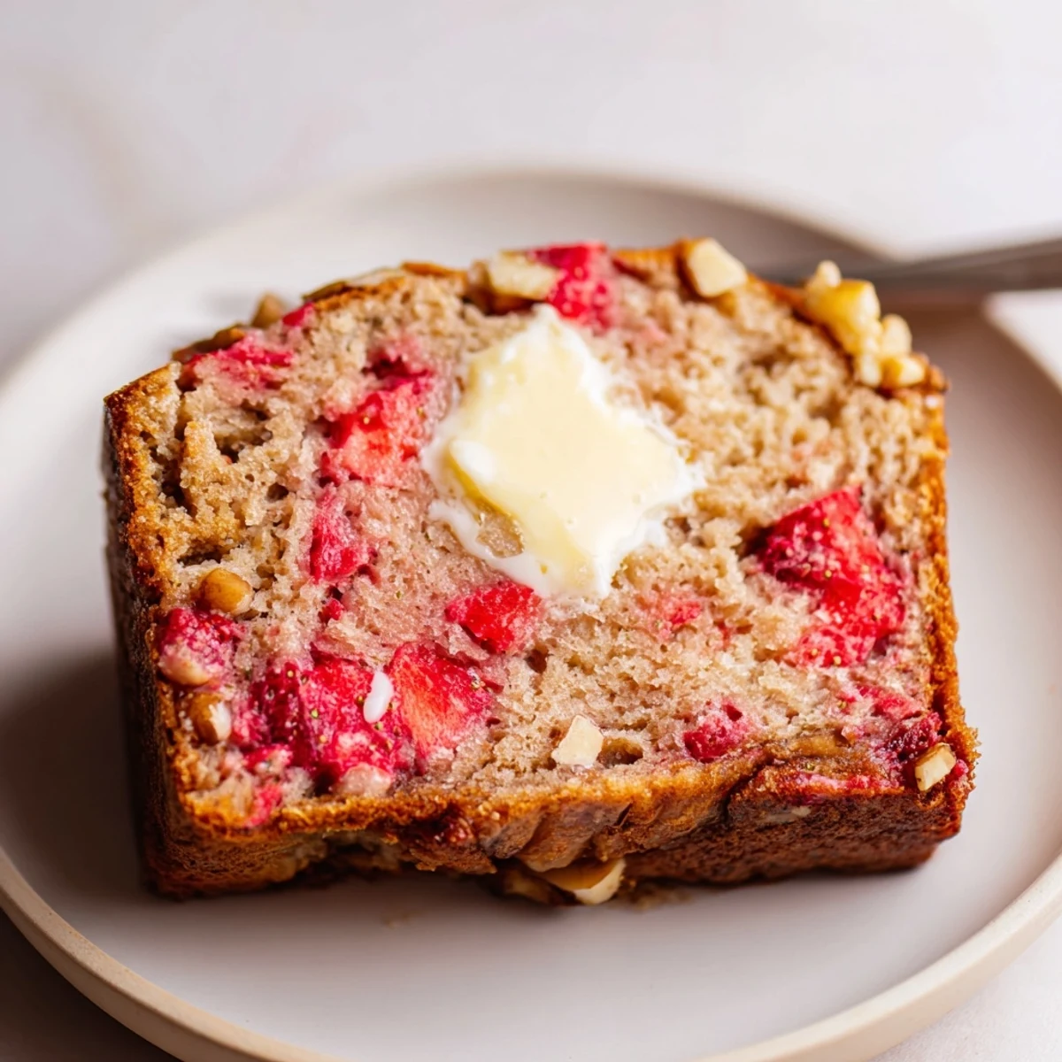 Slice of Strawberry Banana Bread Recipe on plate, moist crumb and nutty crunch.