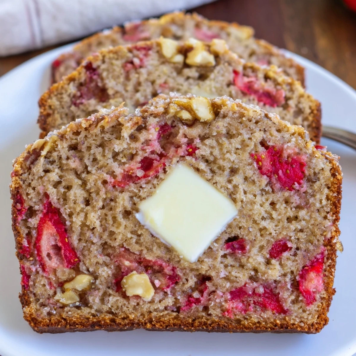 Freshly baked Strawberry Banana Bread Recipe cooling on rack, honey drizzle suggested.
