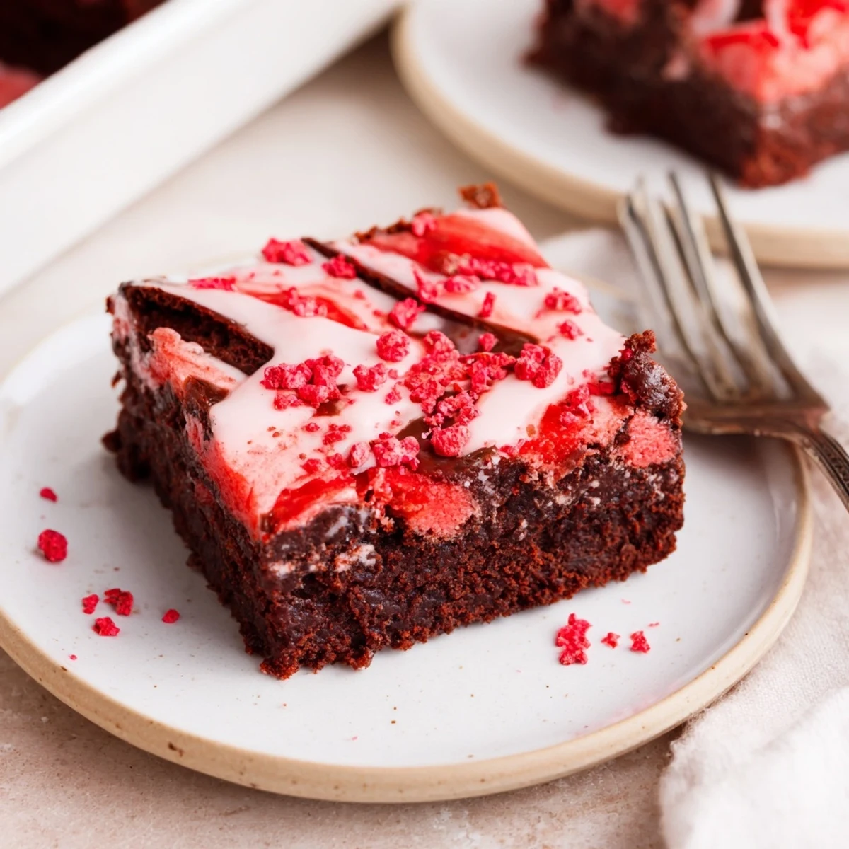Warm Strawberry Brownies steaming slightly, fudgy centers and fresh strawberries nearby.