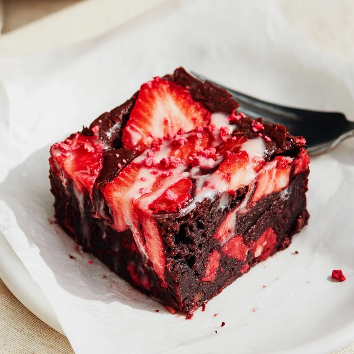 Strawberry Brownies glazed with glossy pink strawberry icing, sliced on parchment.