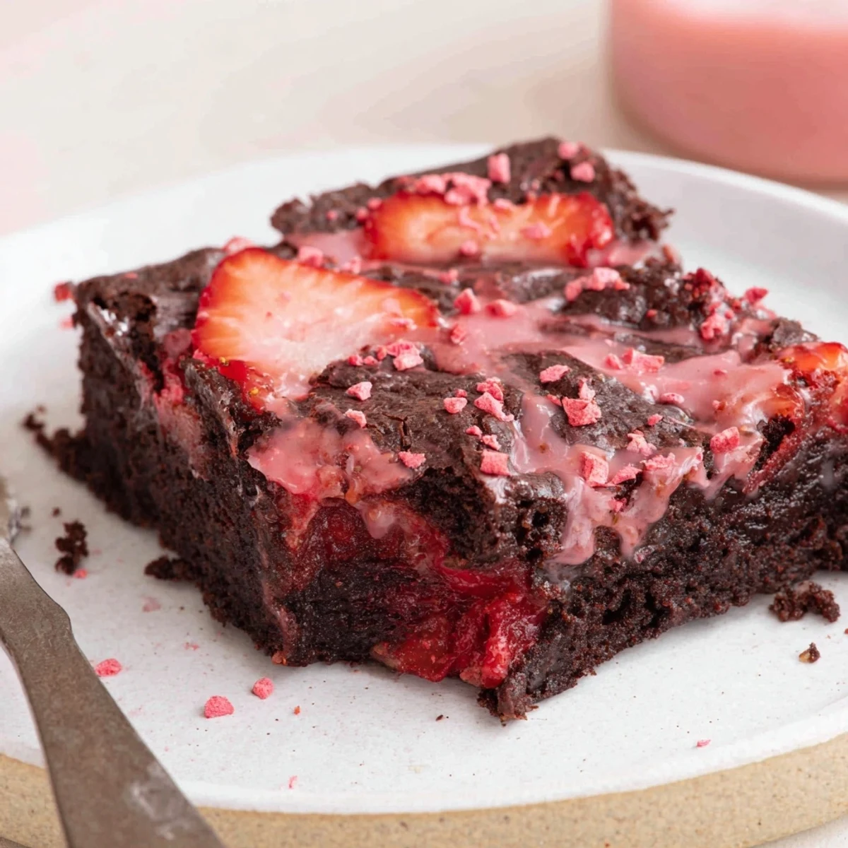 A tray of chilled Strawberry Brownies dusted with powdered sugar, ready for serving.