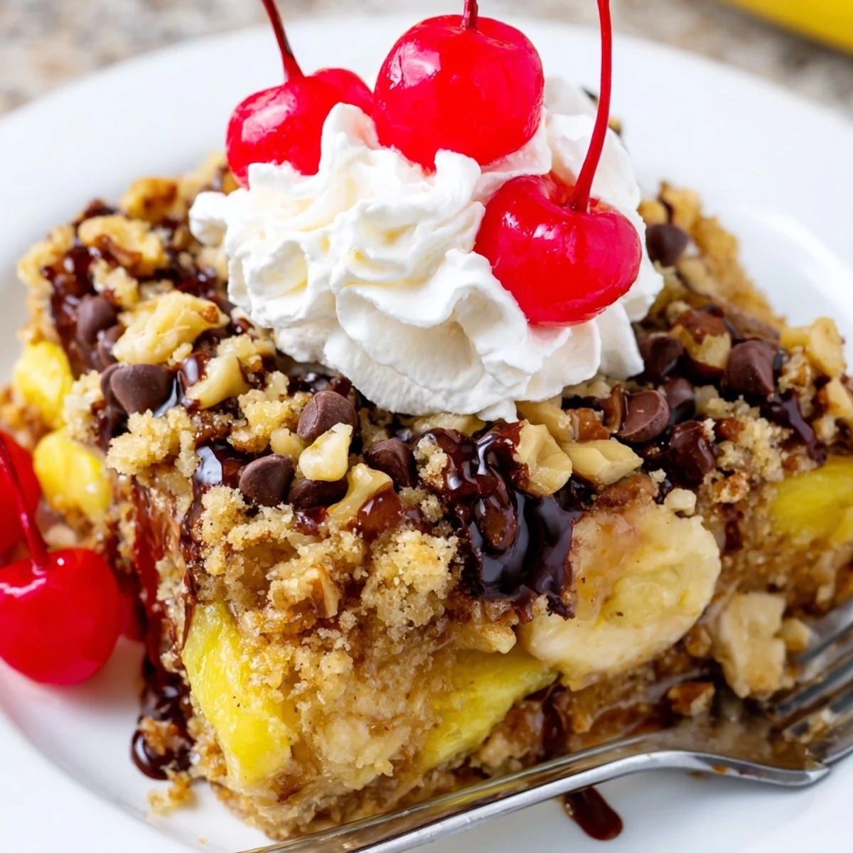 Warm Banana Split Dump Cake bubbling in a dish, bananas, cherries, chocolate