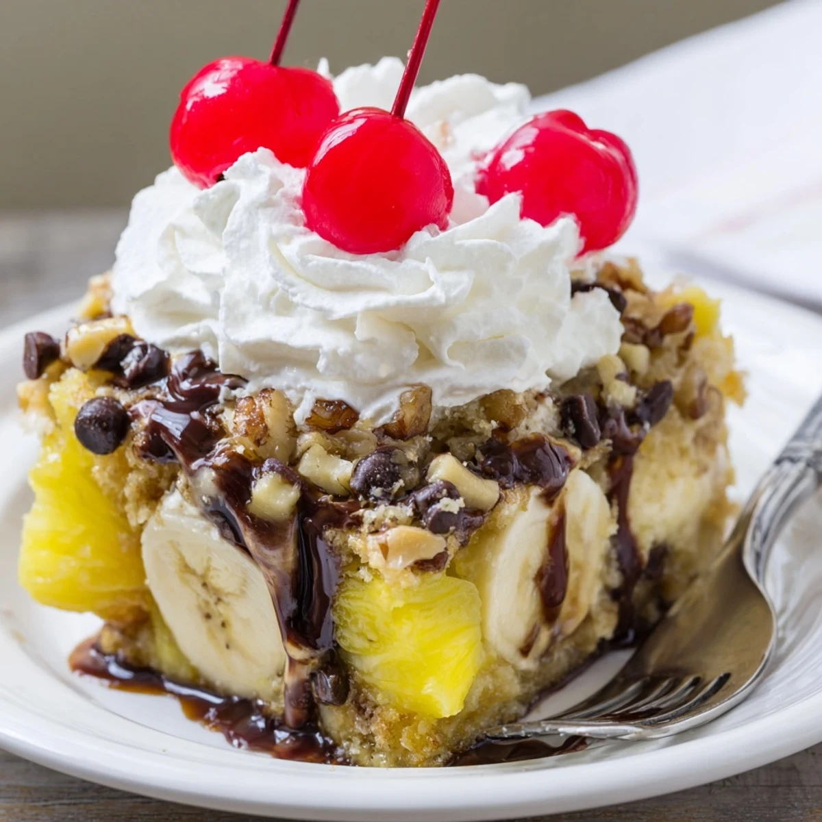 Sliced bananas and melted chocolate topping a freshly baked Banana Split Dump Cake