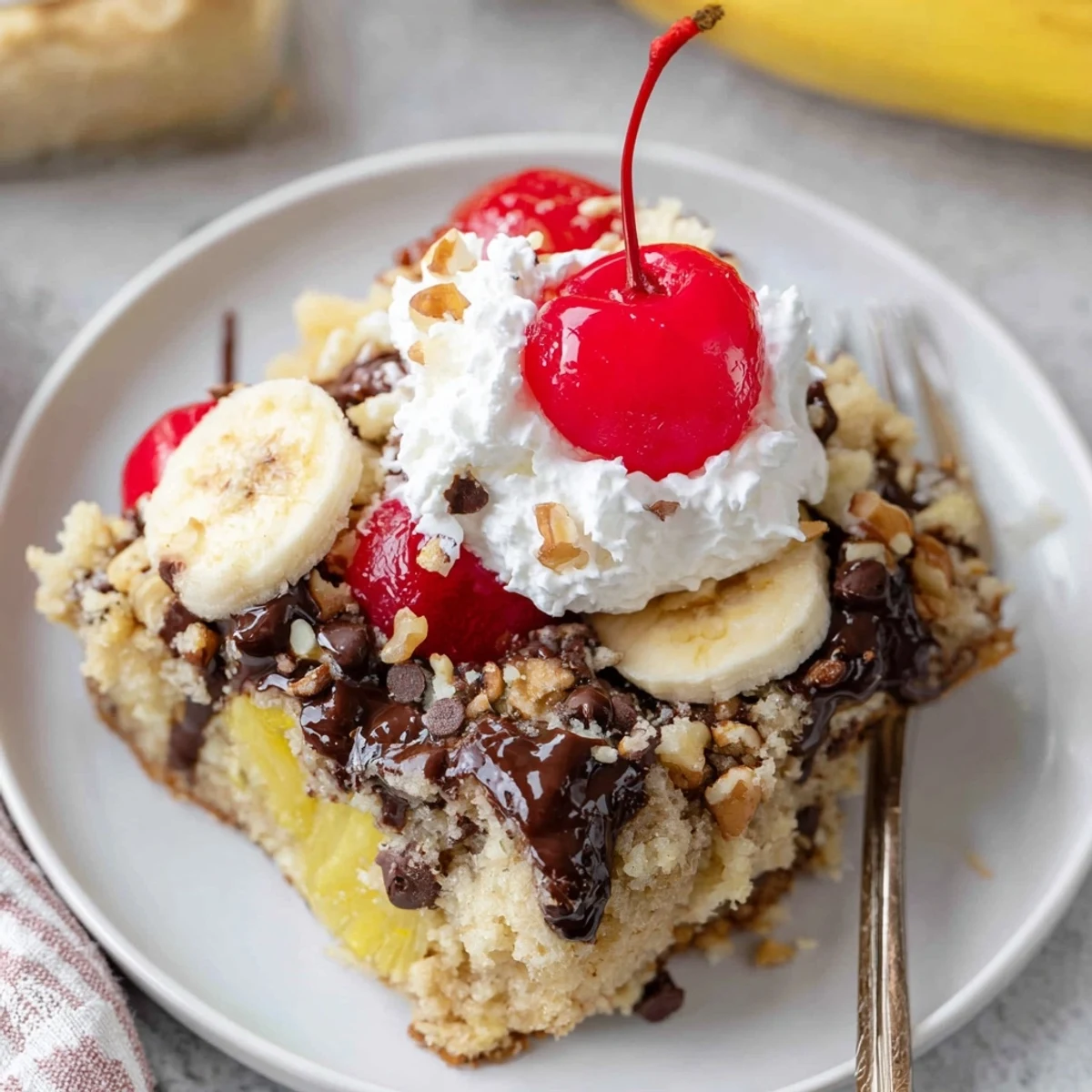 Banana Split Dump Cake served warm with vanilla ice cream and whipped cream