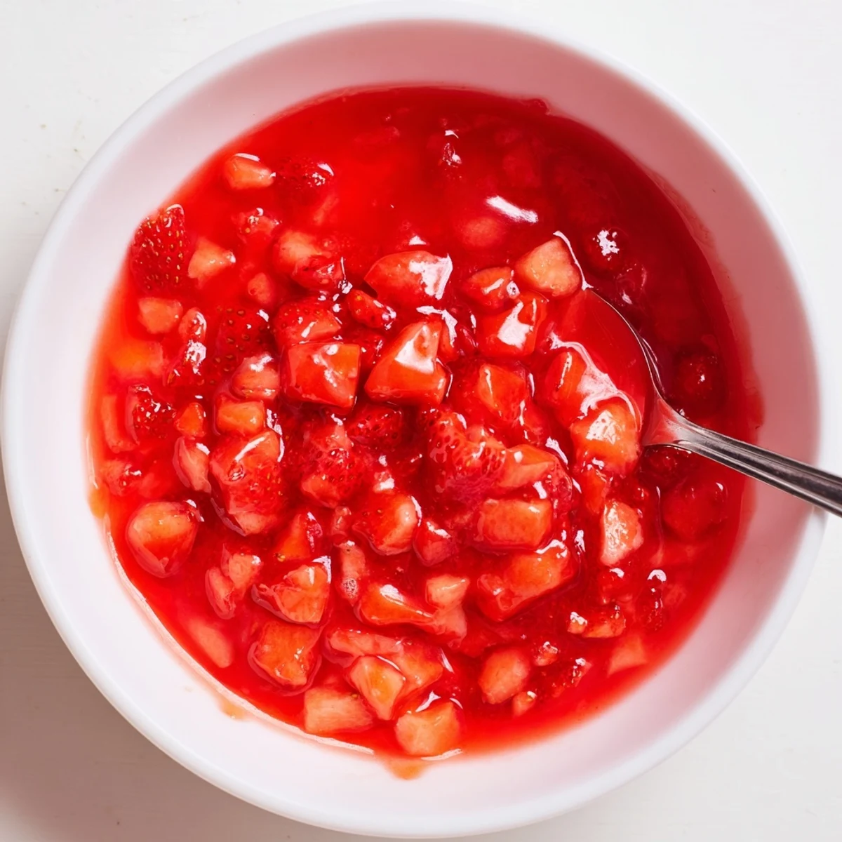 Glossy homemade Strawberry Cake Filling Recipe cooling in bowl, bright strawberry aroma