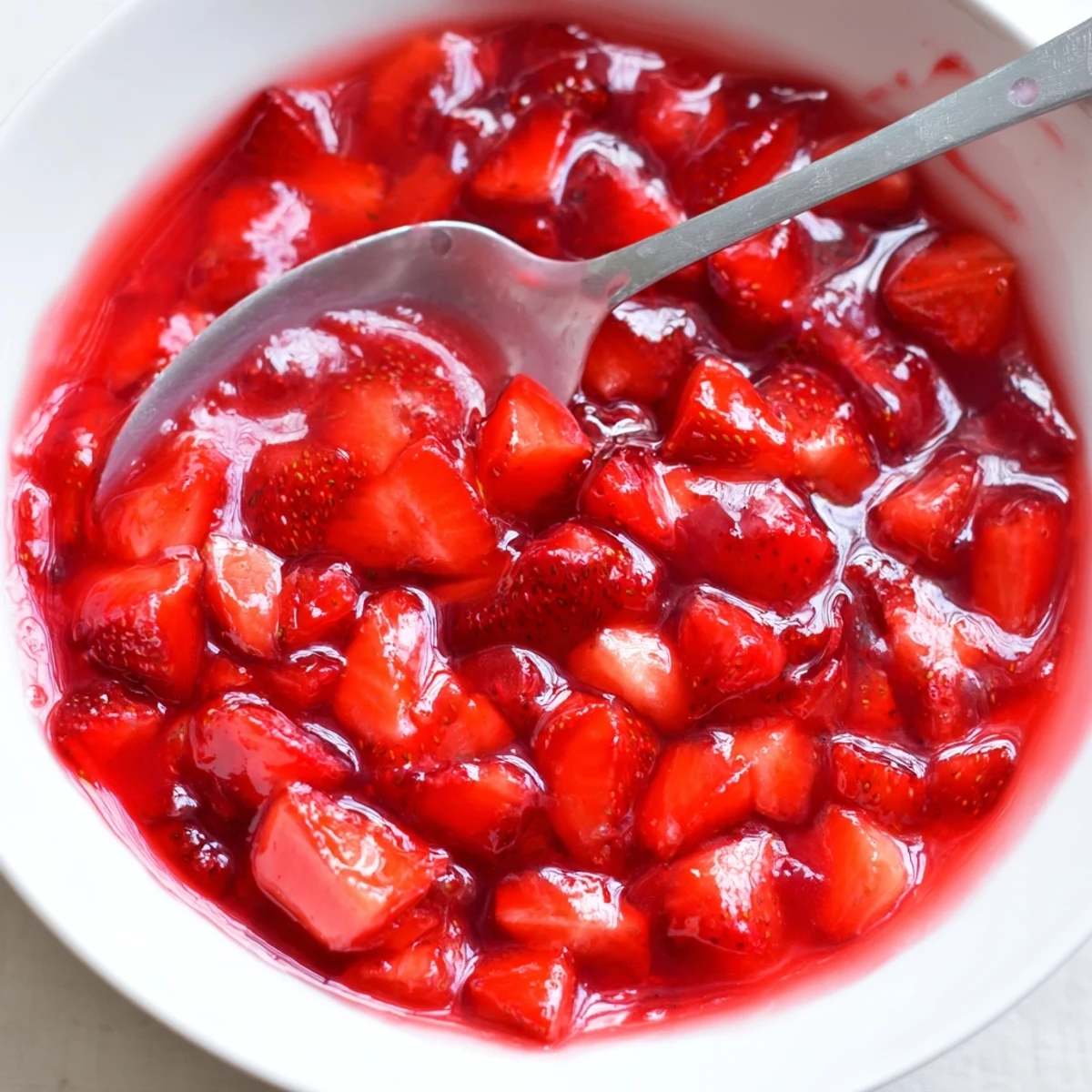 Warm spoonful of Strawberry Cake Filling Recipe oozing between frosted cake layers