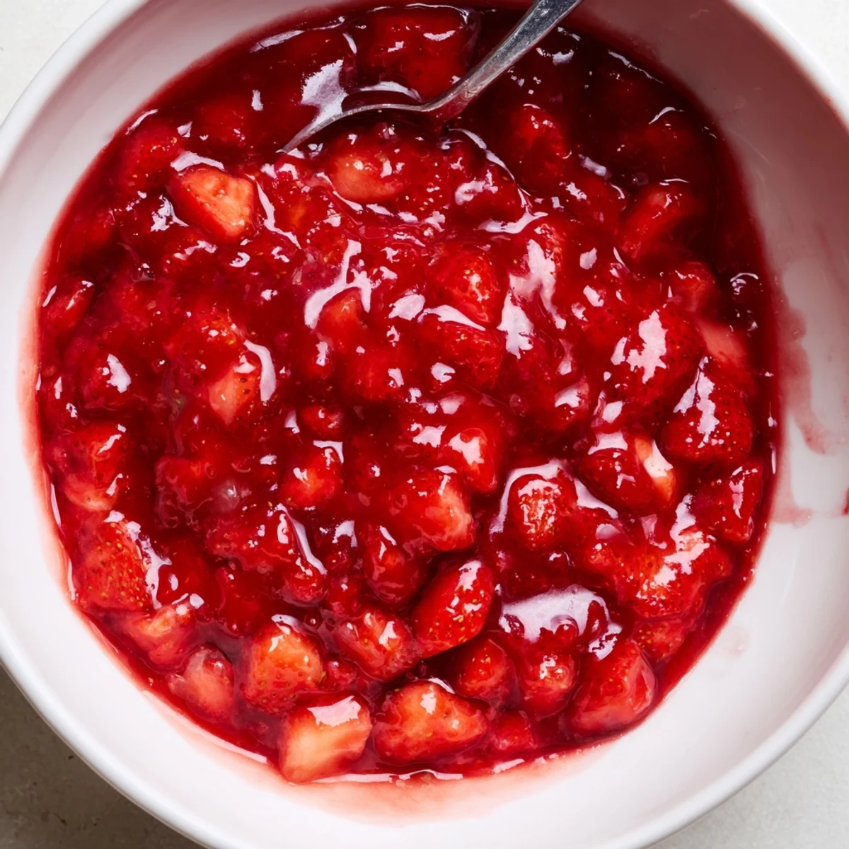 Thick, slightly chunky Strawberry Cake Filling Recipe spooned into cupcake, chilled