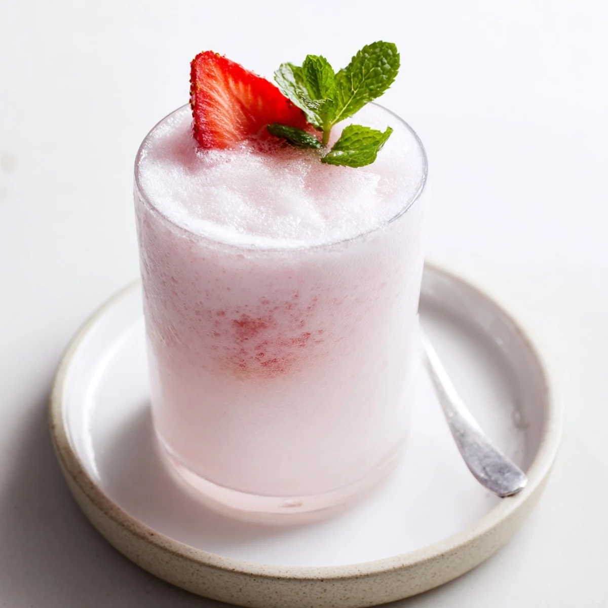 Strawberry Coconut Cooler Recipe: frothy pink drink garnished with mint, chilled