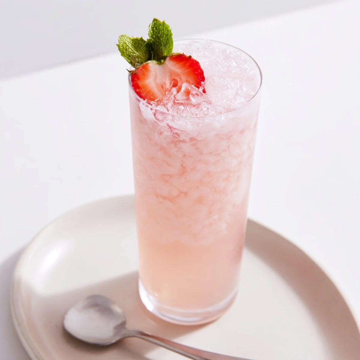 Bright creamy Strawberry Coconut Cooler Recipe served over crushed ice, tropical aroma