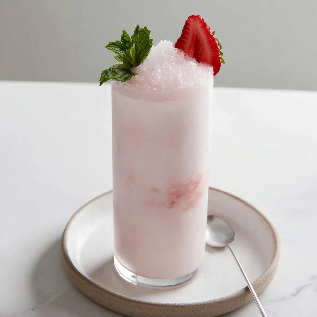 Summer party-ready Strawberry Coconut Cooler Recipe in tall glass with strawberry slices