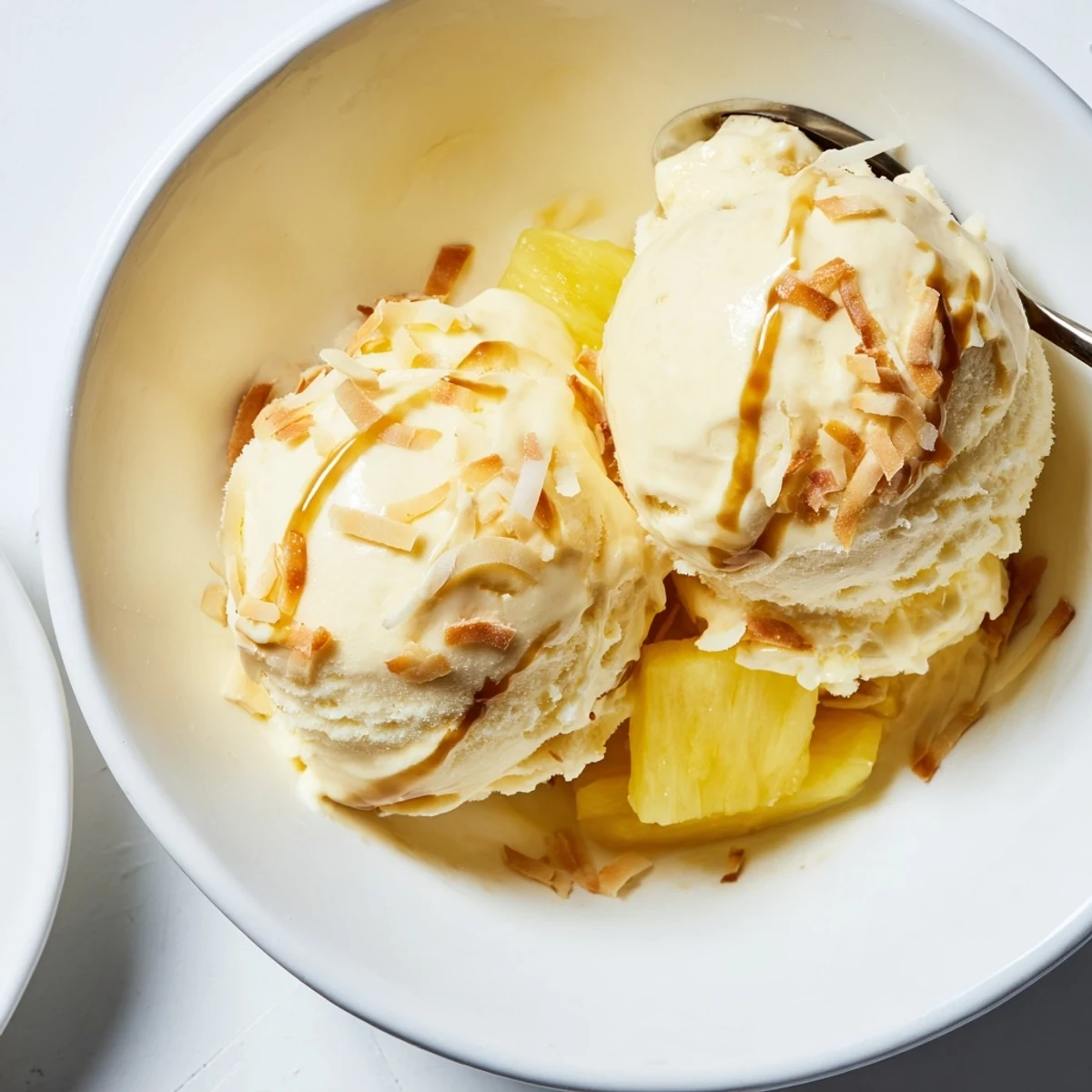 Creamy Pineapple Ice Cream served in a bowl, silky, tangy tropical flavor  