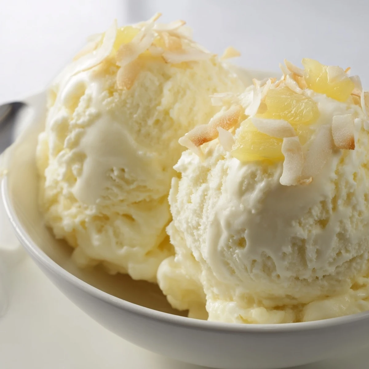 Homemade Creamy Pineapple Ice Cream churned until thick, chilled for summer