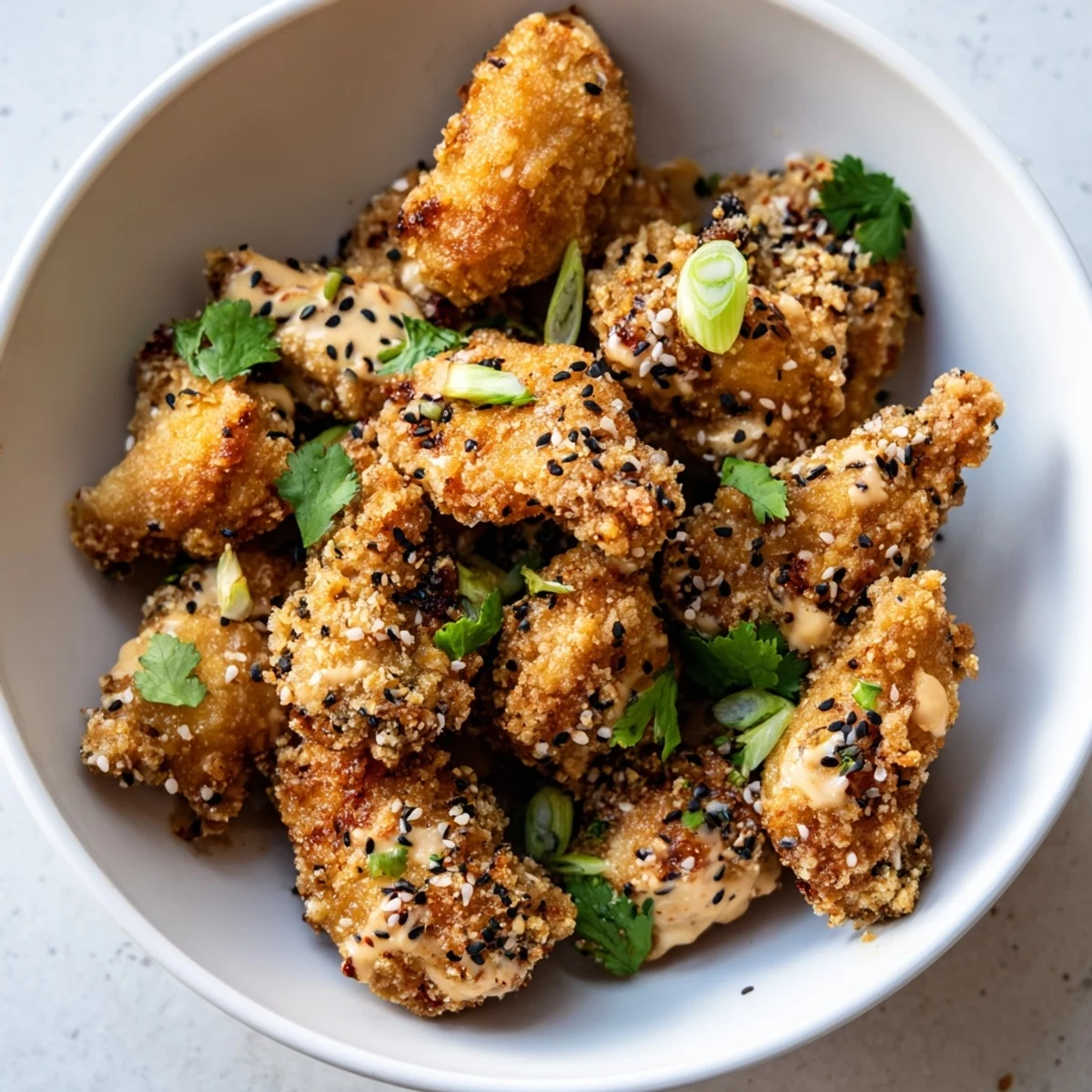 Colorful Bang Bang Chicken Bowl Recipe featuring crispy fried chicken over fluffy jasmine rice with fresh cucumber, carrots, and purple cabbage drizzled with creamy spicy sauce