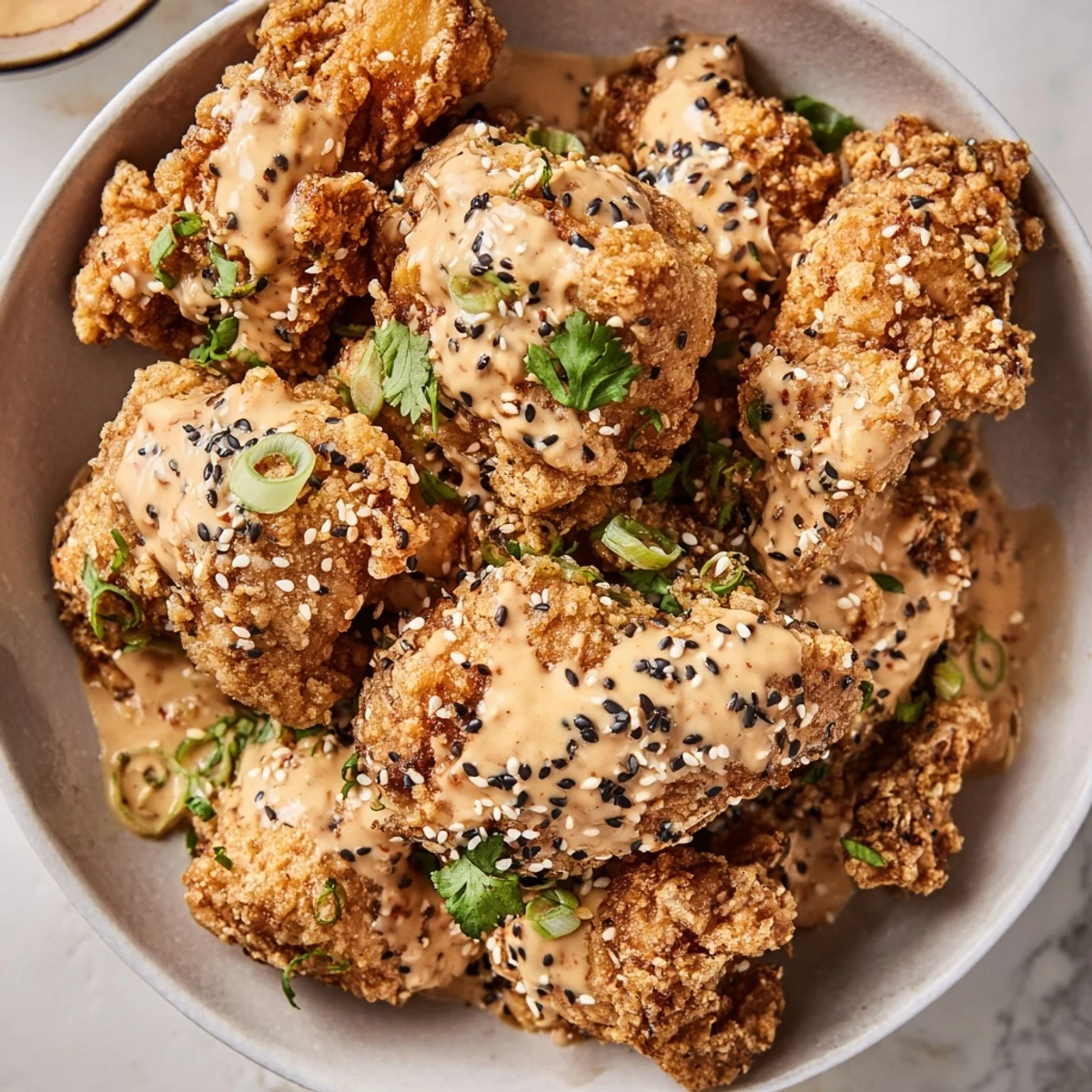Homemade Bang Bang Chicken Bowl Recipe plated with golden battered chicken pieces, vibrant shredded vegetables, toasted sesame seeds, and fresh cilantro garnish