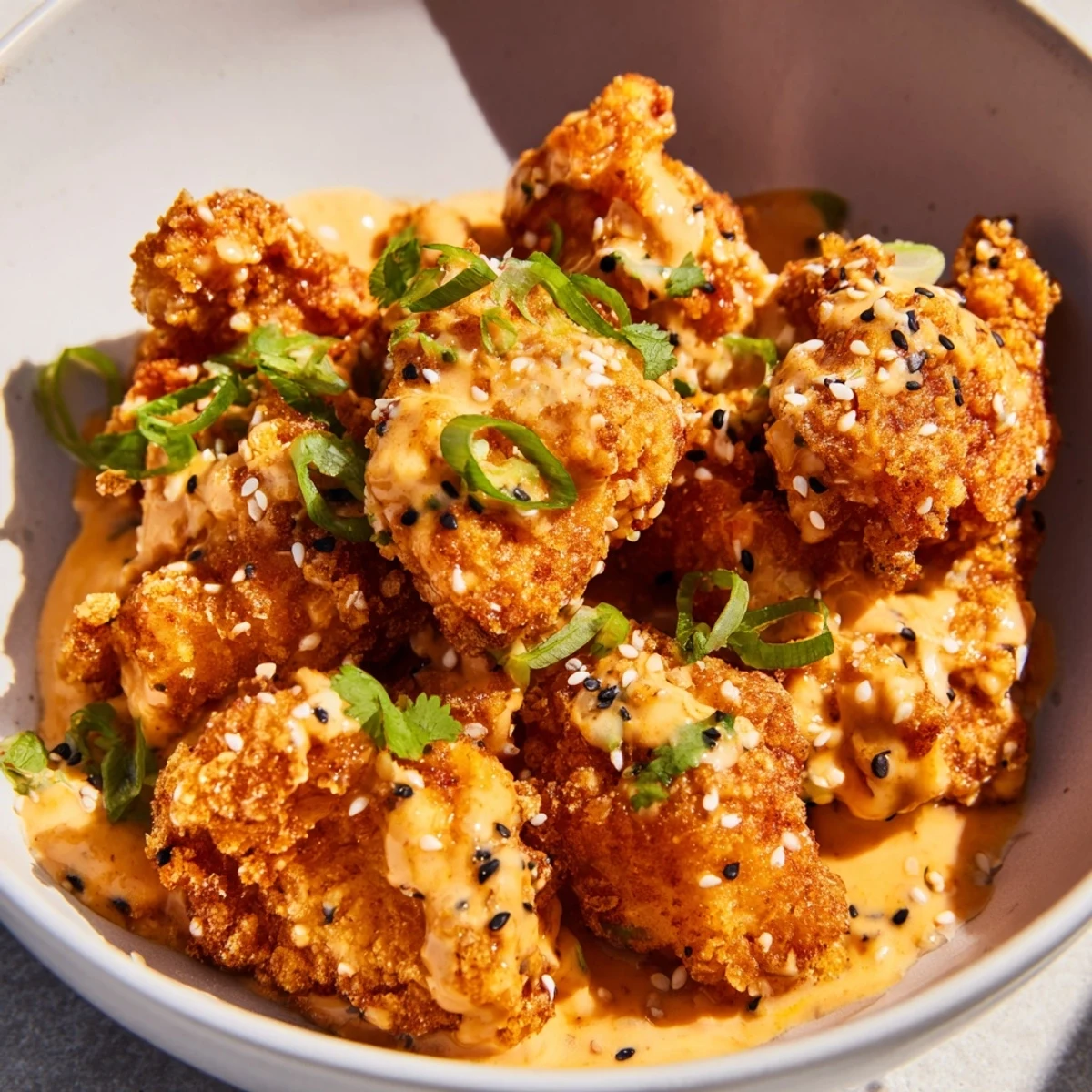 Asian-inspired Bang Bang Chicken Bowl Recipe showing saucy crispy chicken atop white rice surrounded by crunchy julienned carrots, sliced cucumber, and tangy lime wedges