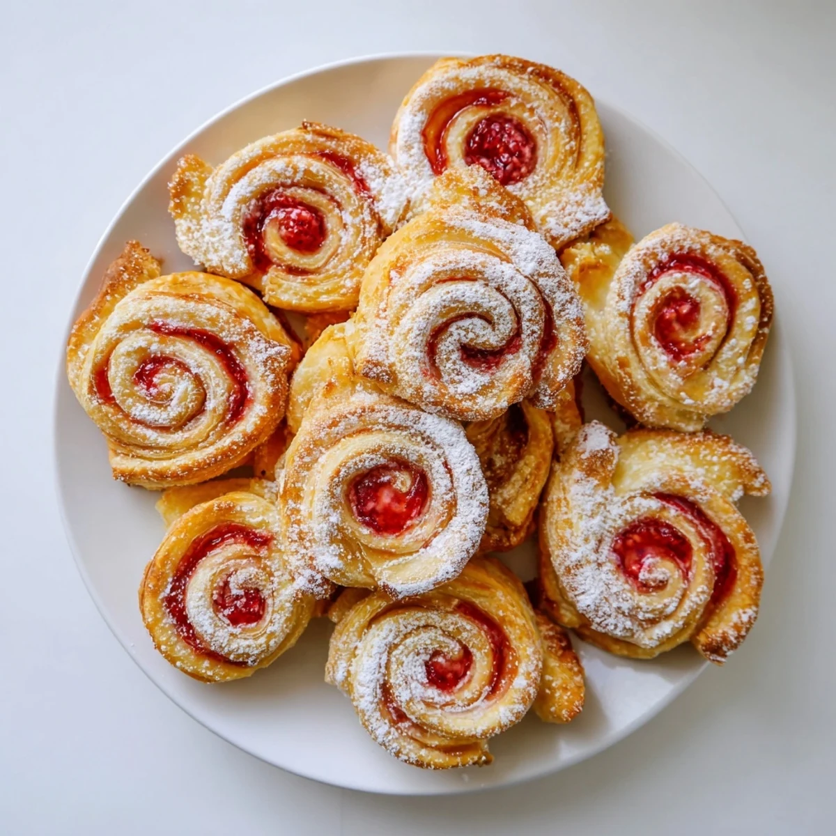 Golden raspberry puff pastry rolls spiraled with sweet red preserves and dusted with white powdered sugar on a baking sheet