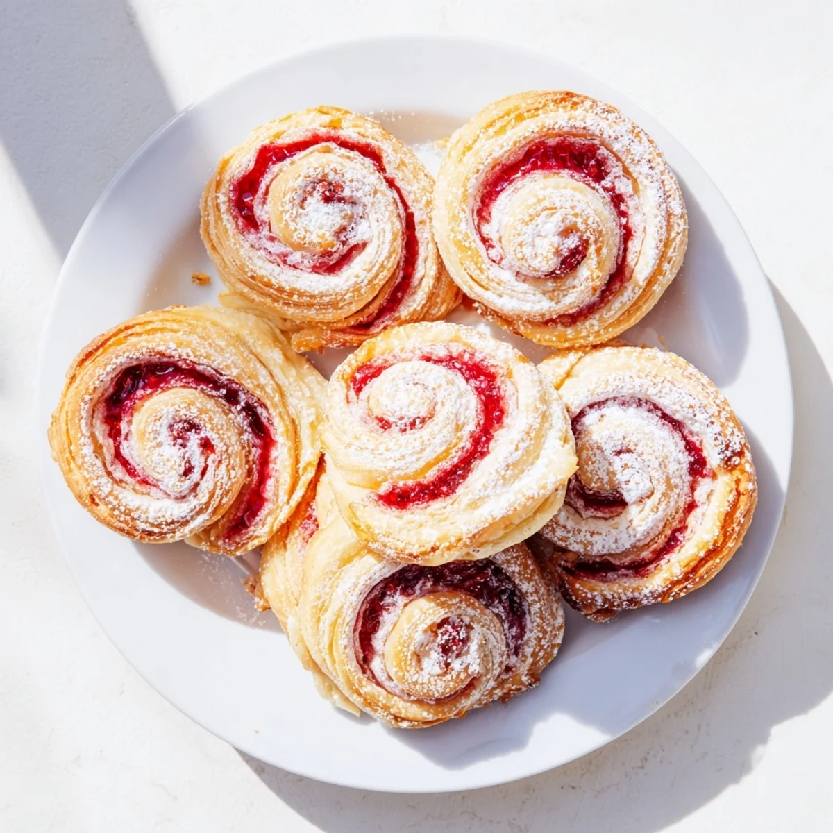 Flaky baked raspberry puff pastry rolls featuring vibrant red jam filling peeking through golden layers on a white plate