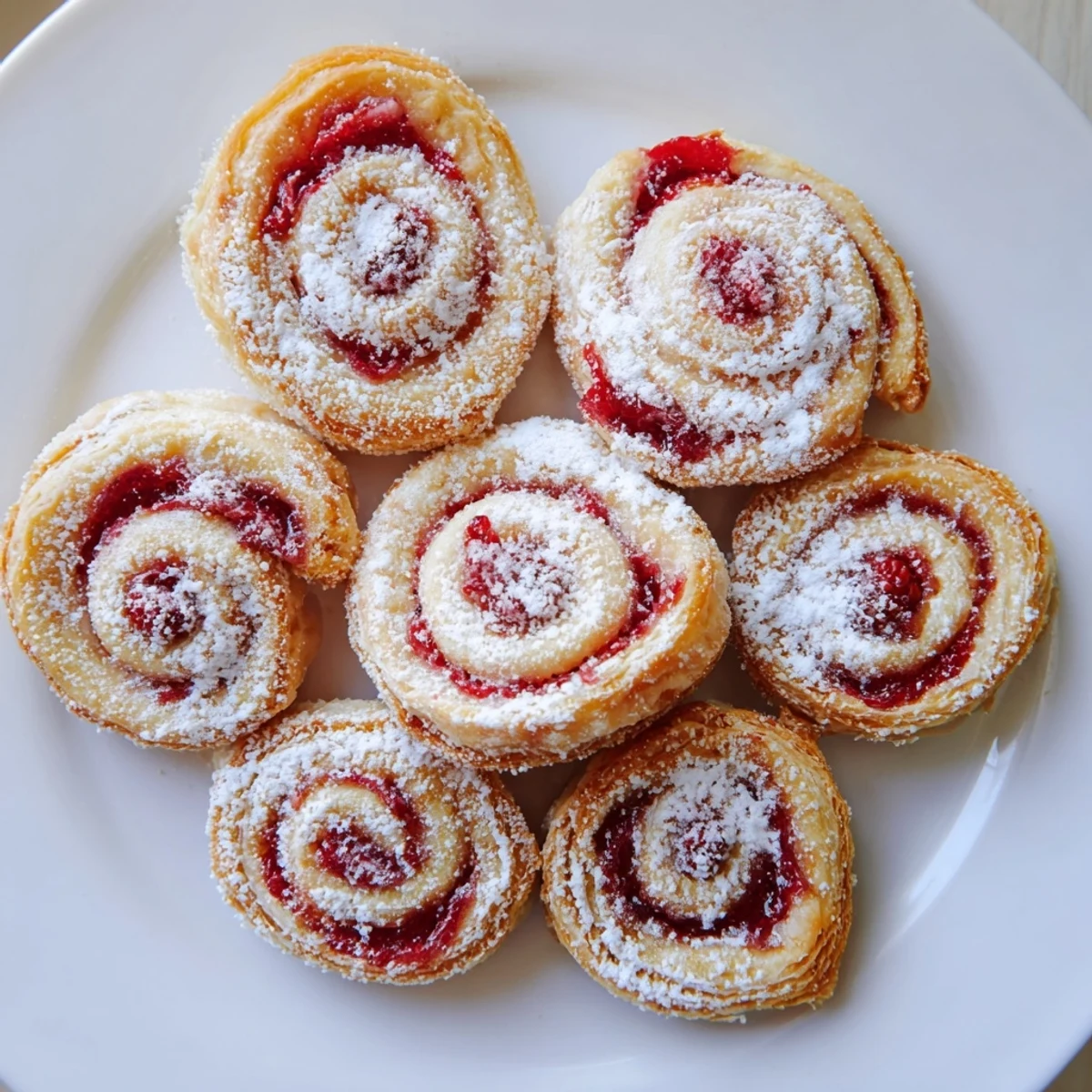 Freshly baked raspberry puff pastry rolls arranged on a wire rack with glistening jam centers and light sugar snow topping