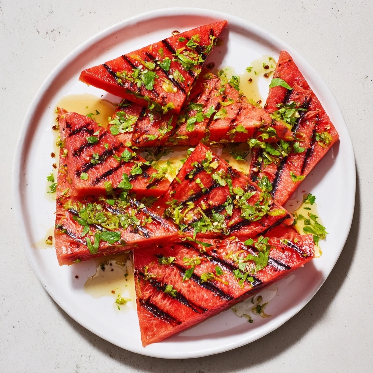 Grilled watermelon wedges topped with fresh cilantro and zesty lime juice on a white serving platter