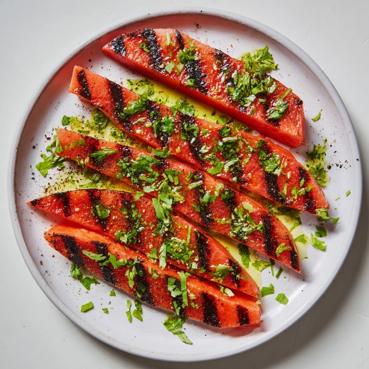 Close-up of cilantro lime grilled watermelon with dark grill marks and bright green herb sprinkles